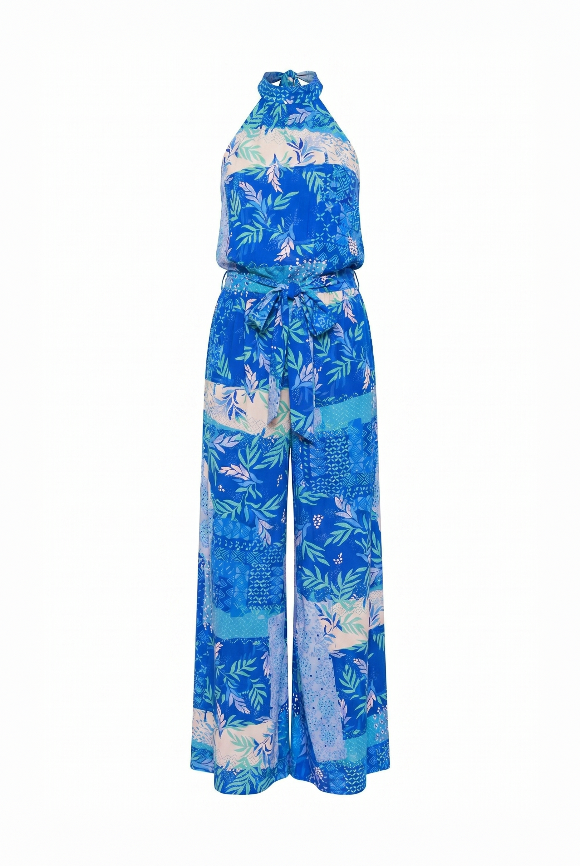 Blue floral jumpsuit on a white background