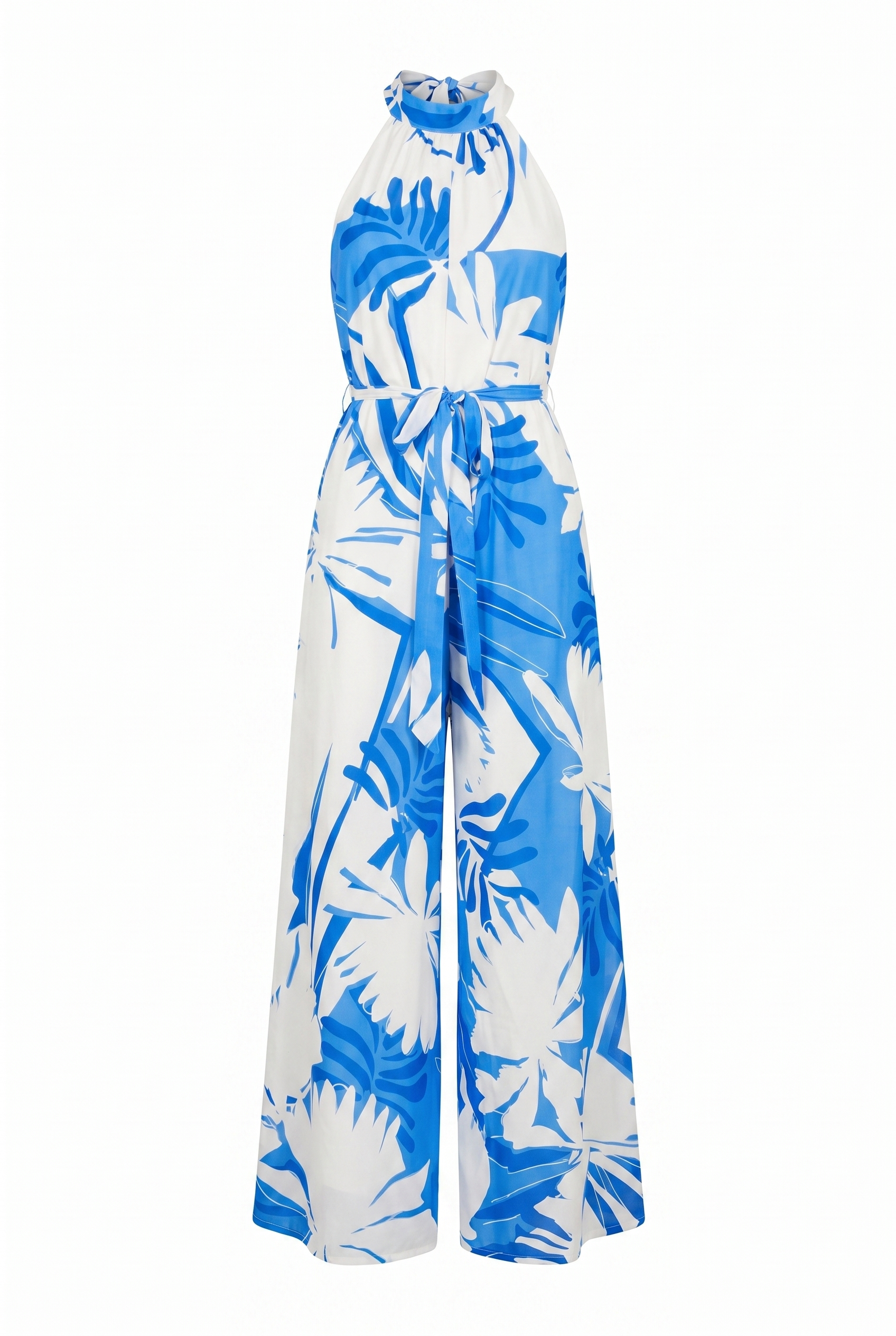 Blue and white floral patterned jumpsuit on a white background