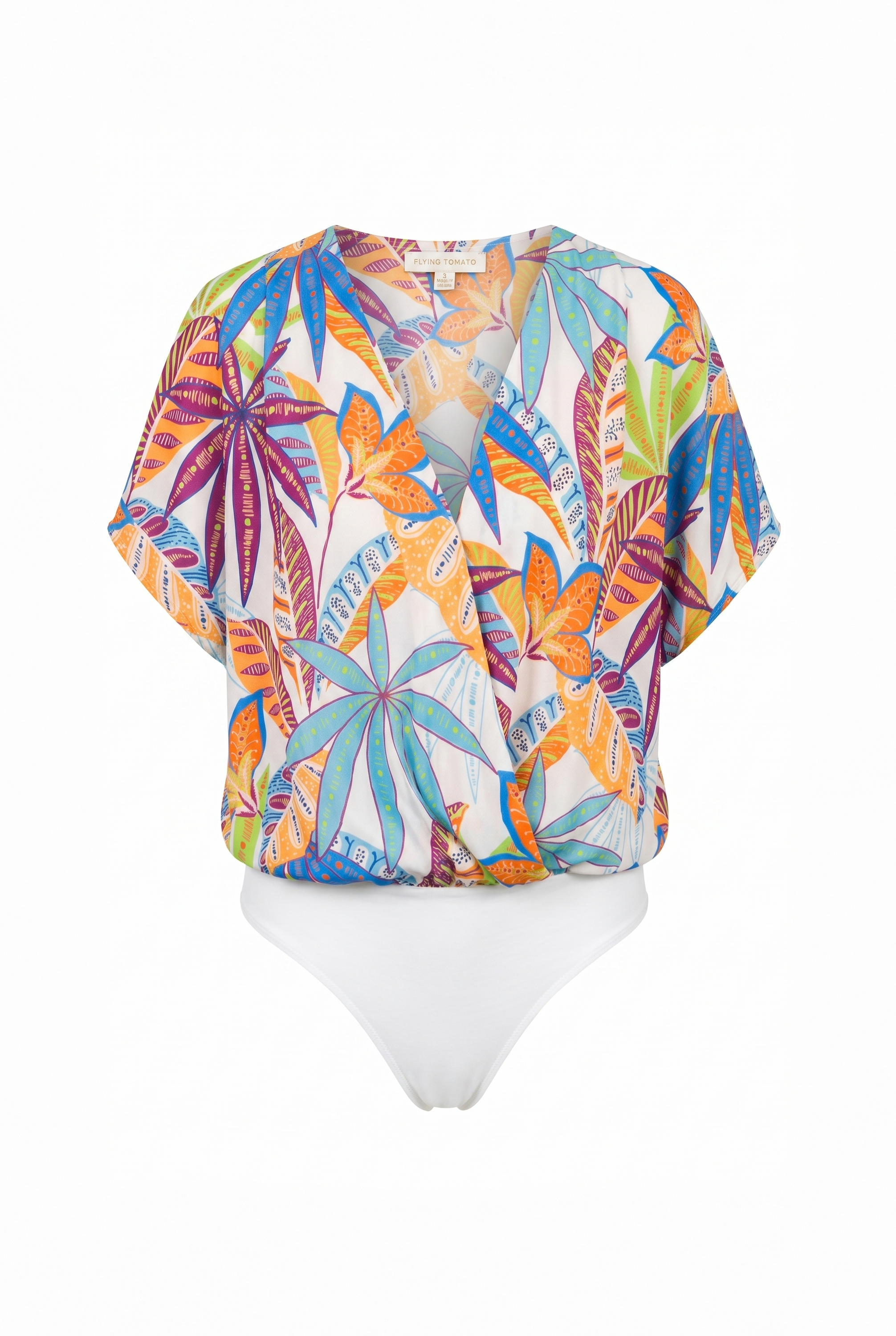 Tropical patterned bodysuit on a white background
