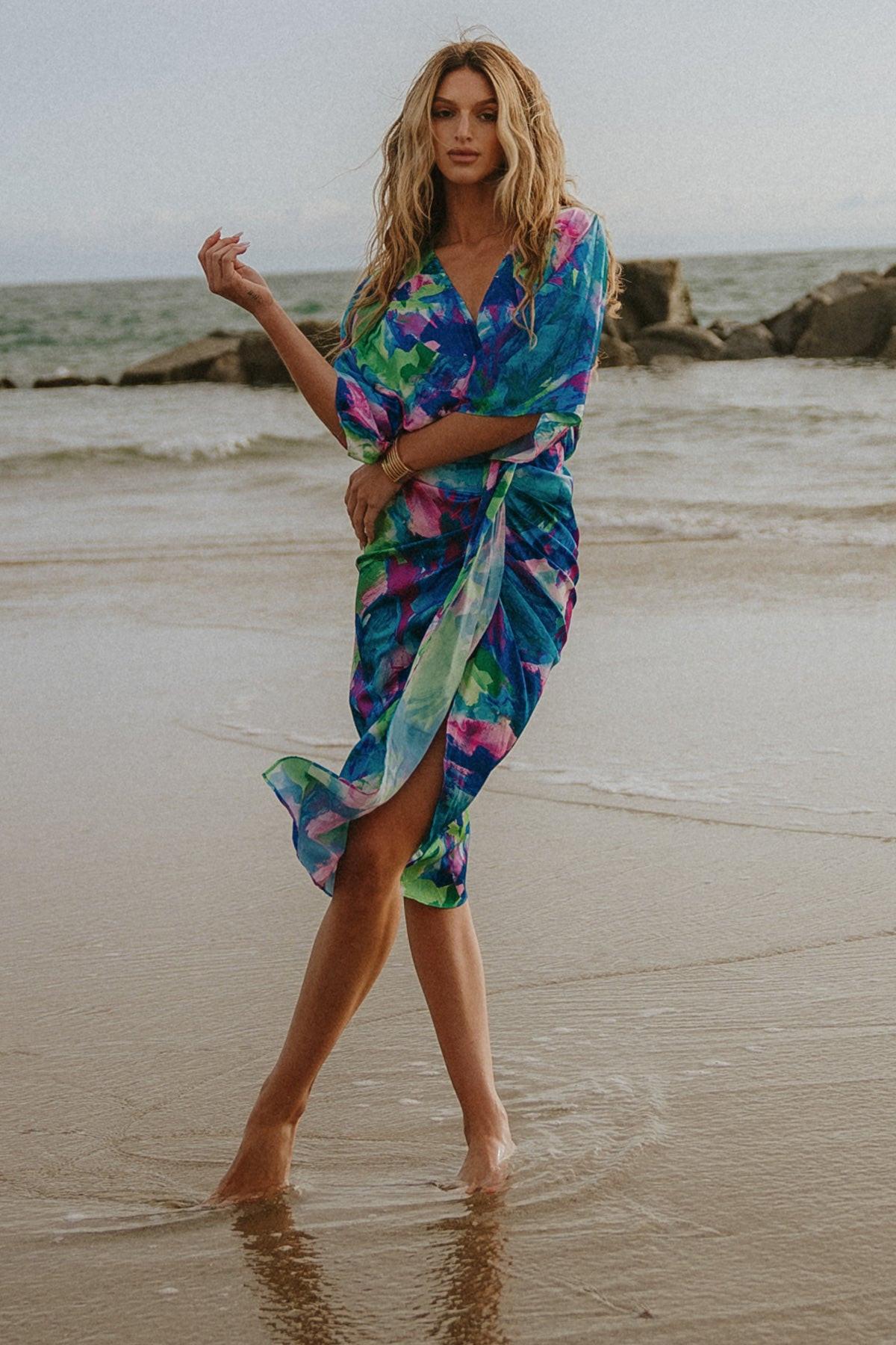 ON THE HORIZON WOVEN SATIN MIDI DRESS.