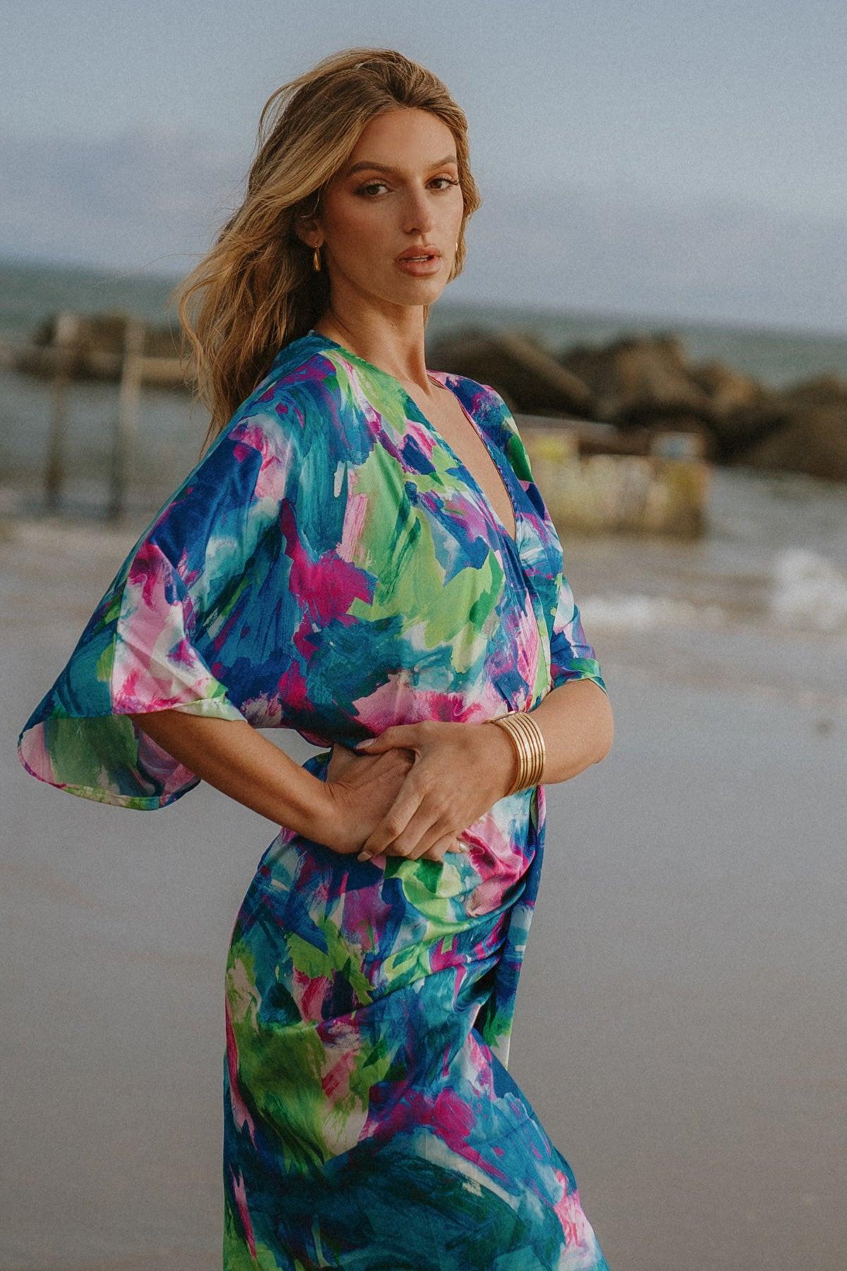 ON THE HORIZON WOVEN SATIN MIDI DRESS.