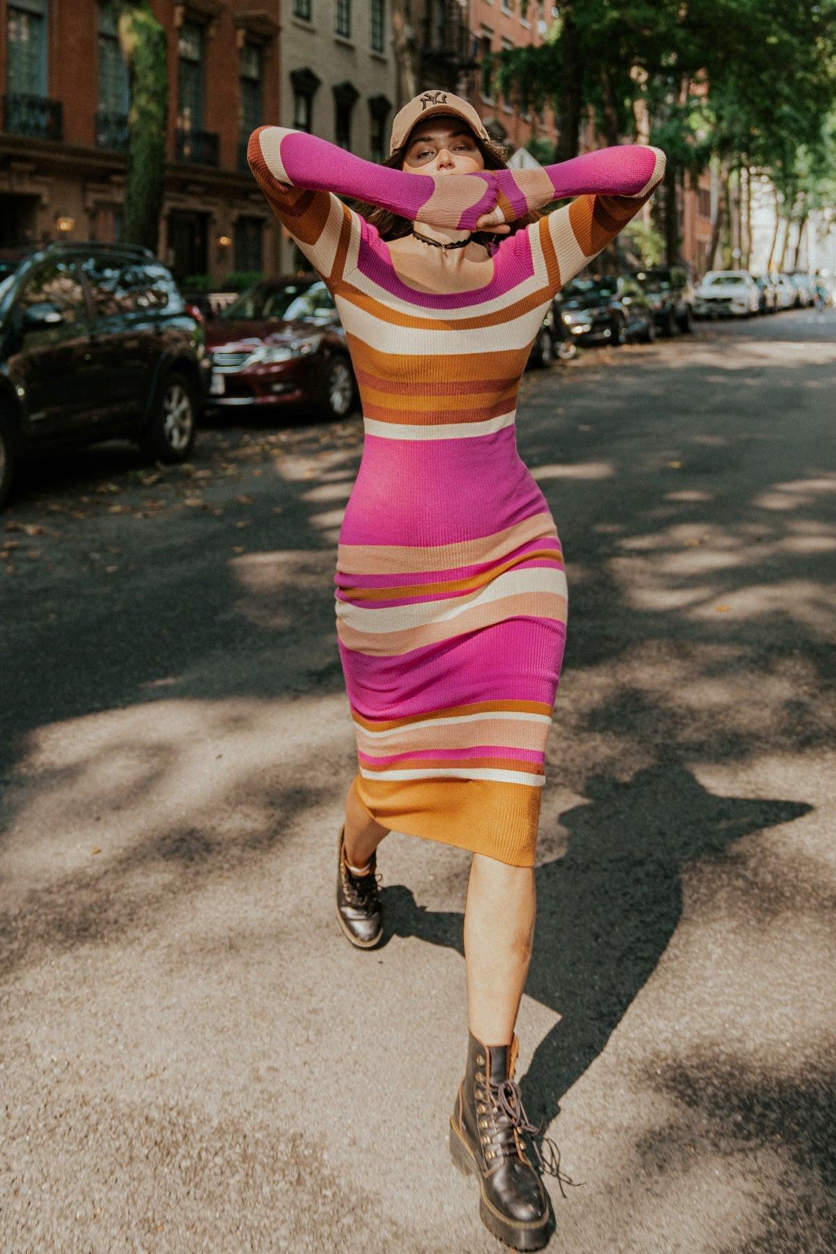 EVENING OF ELEGANCE SWEATER MIDI DRESS.
