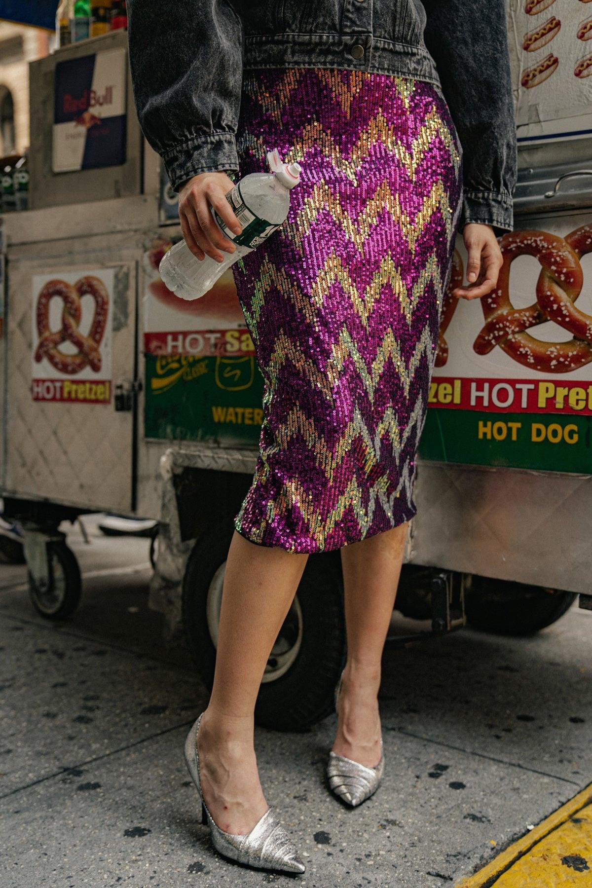 BE HAPPY FRIEND SEQUIN MIDI SKIRT.