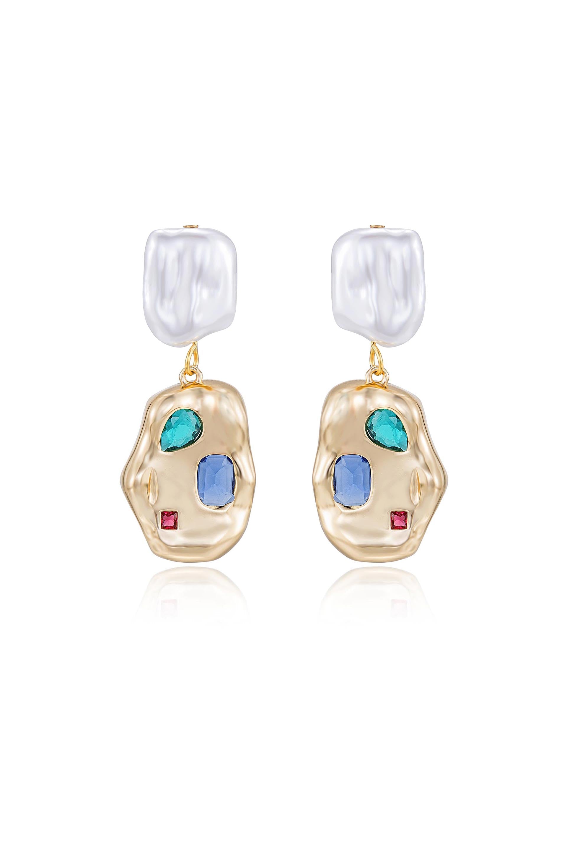 Rainbow Crystal Nugget & Pearl Earrings