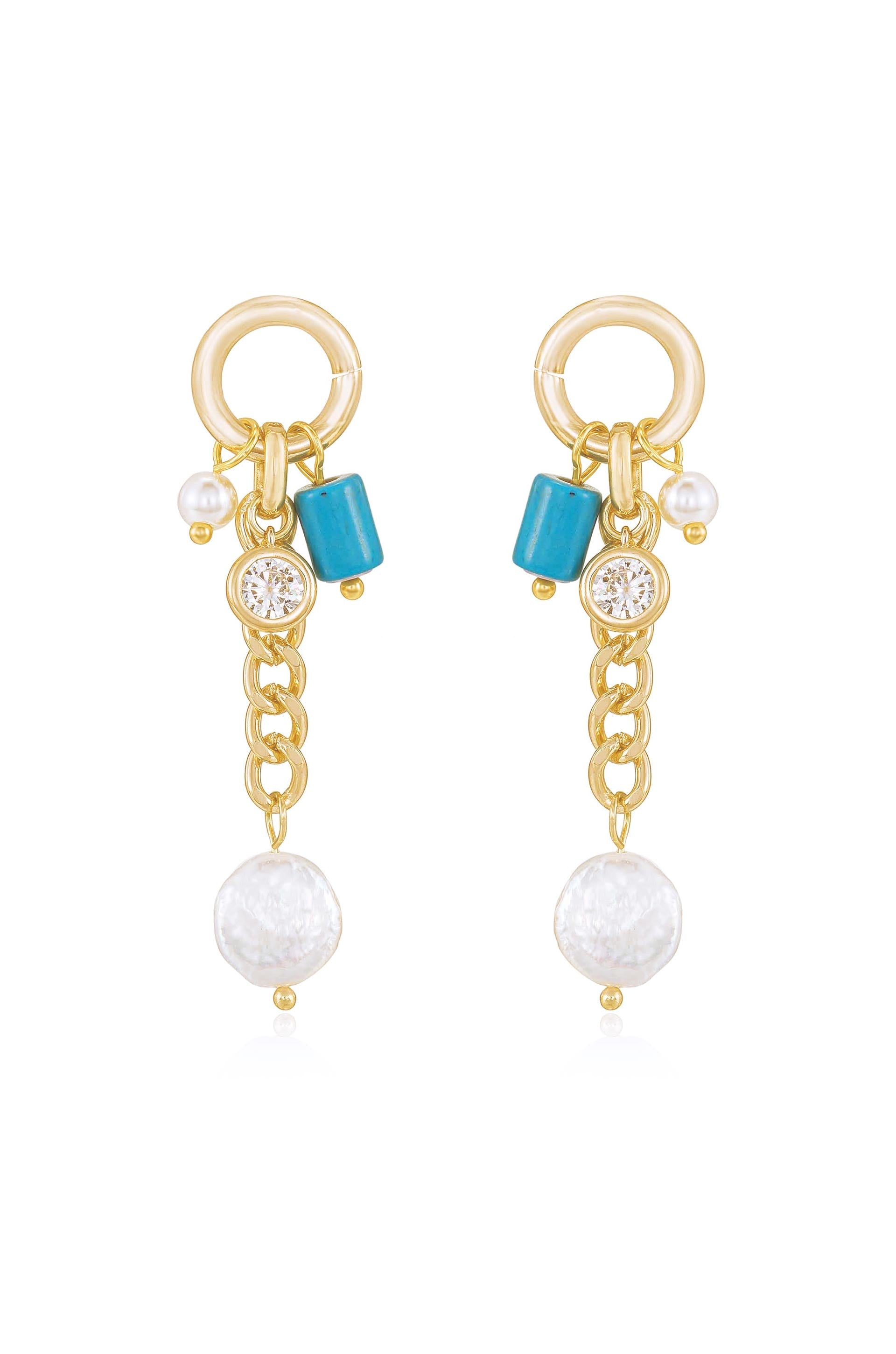 Pearl, Turquoise, and Crystal Charm Dangle Earrings