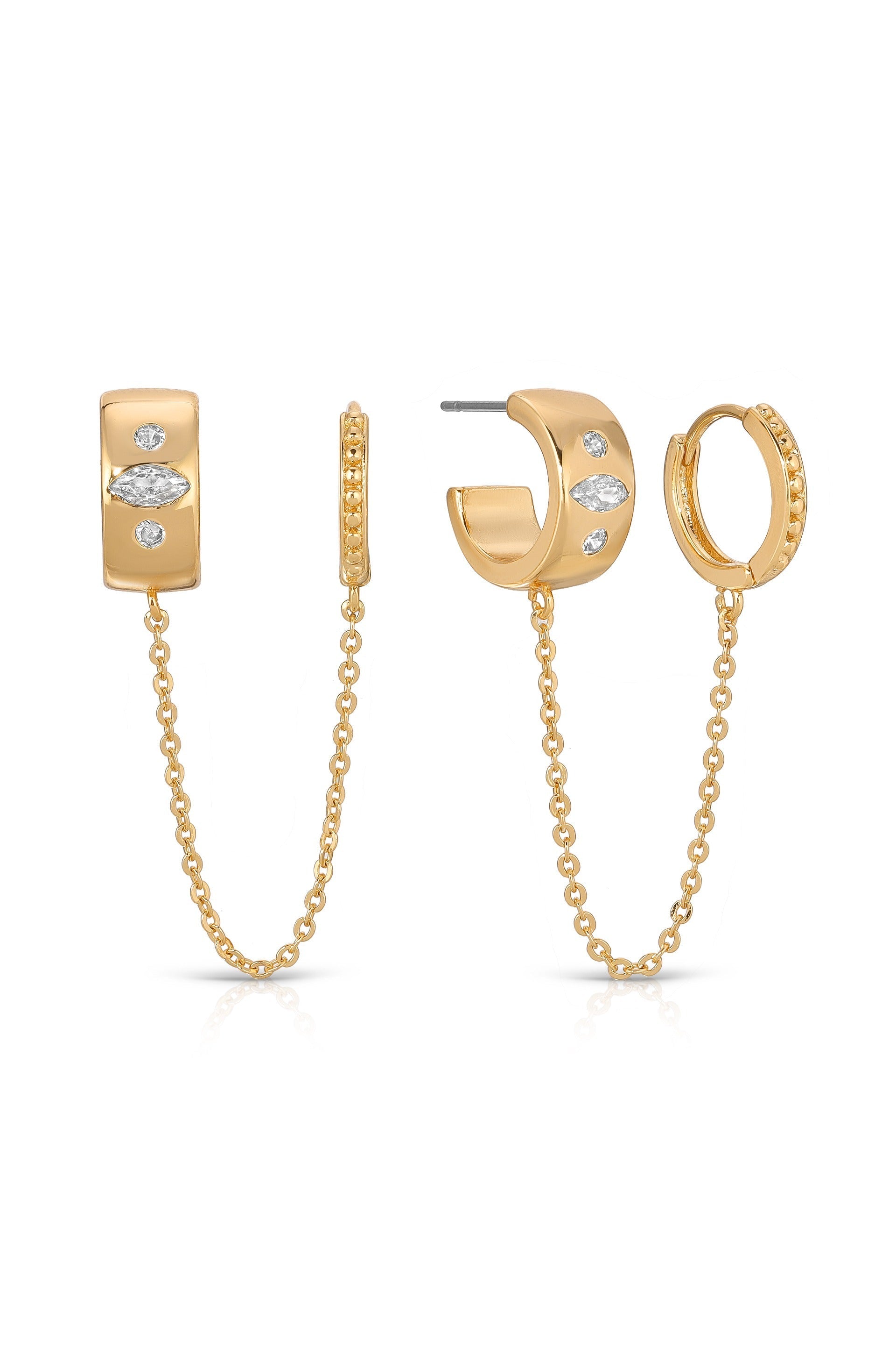 Double Piercing Bezel Crystal Dangle Earrings - Flying Tomato - Earrings - Ettika