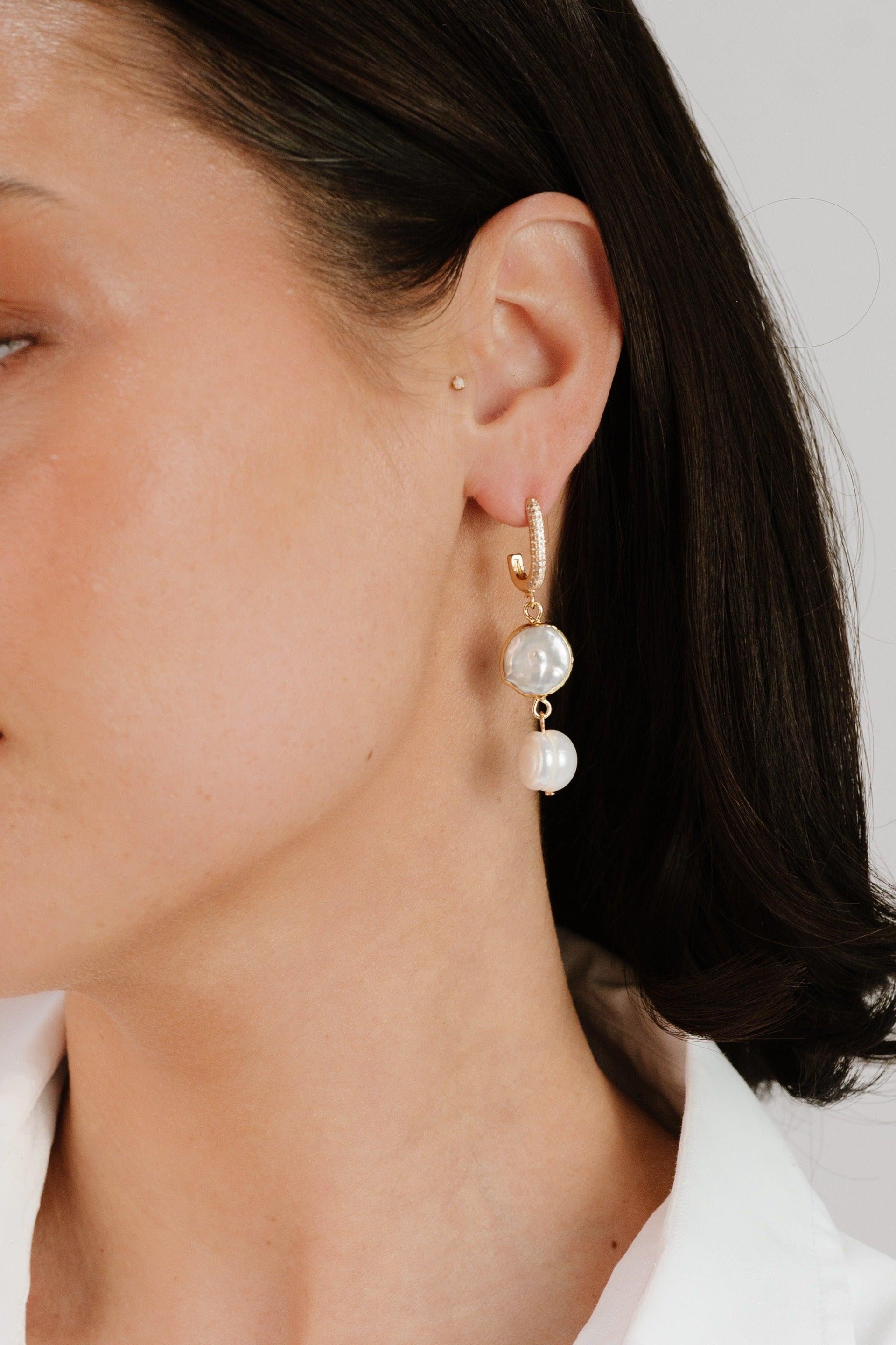 Dangling Freshwater Pearl Huggie Hoop Earrings - Flying Tomato - Earrings - Ettika