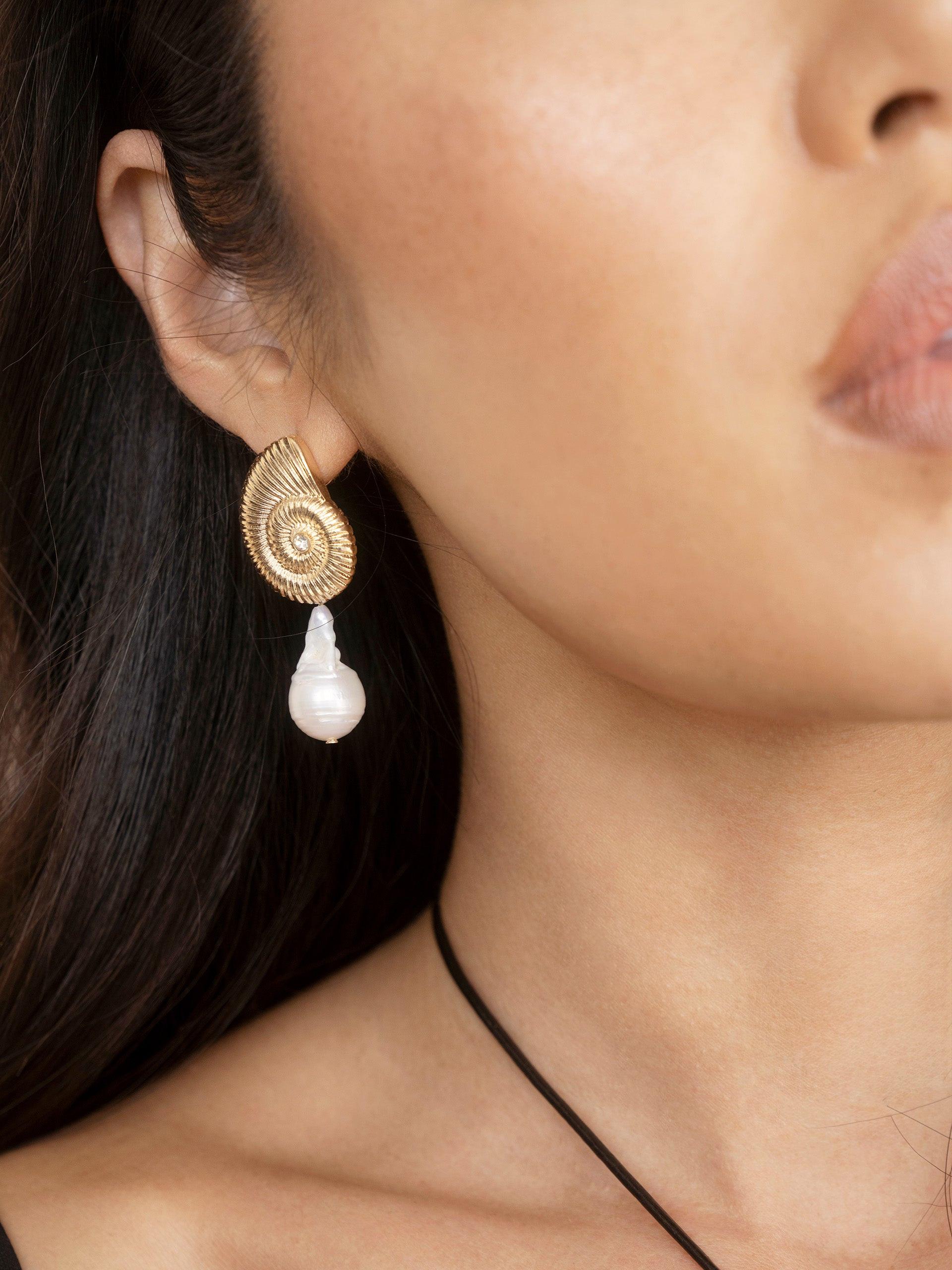 Nautilus Shell Freshwater Pearl Earrings - Flying Tomato - Earrings - Ettika