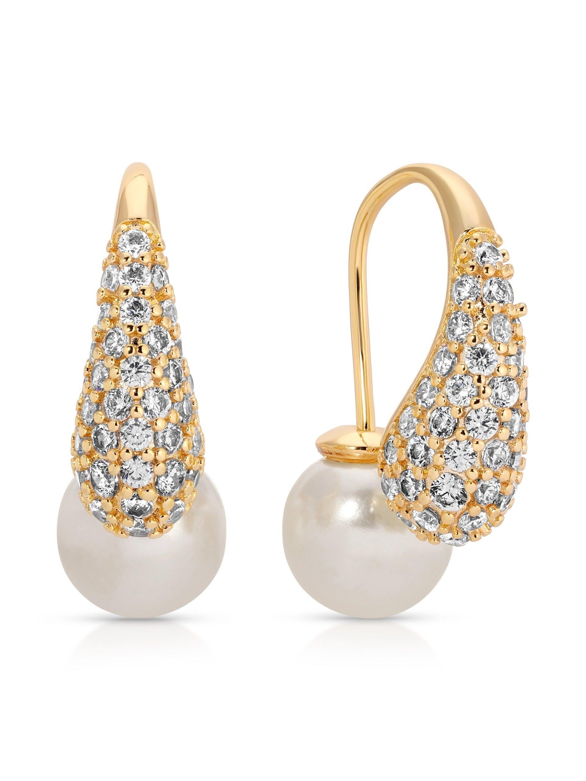 Hooked Pavé and Pearl Earrings - Flying Tomato - Earrings - Ettika