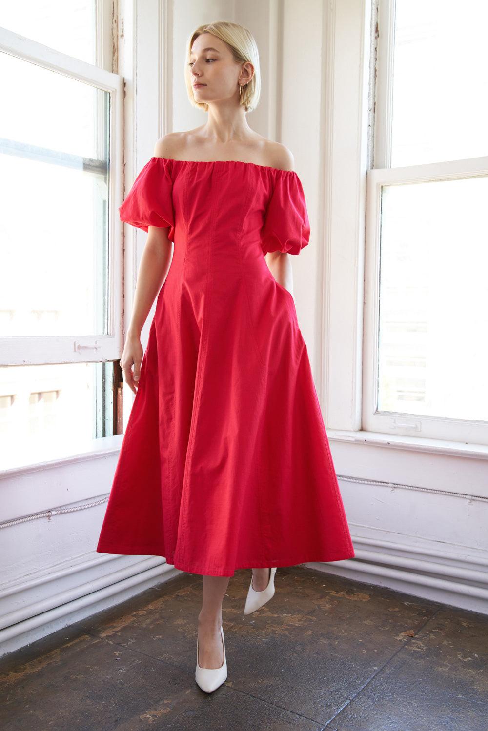 PROTECTING MY PEACE RED WOVEN MIDI DRESS.