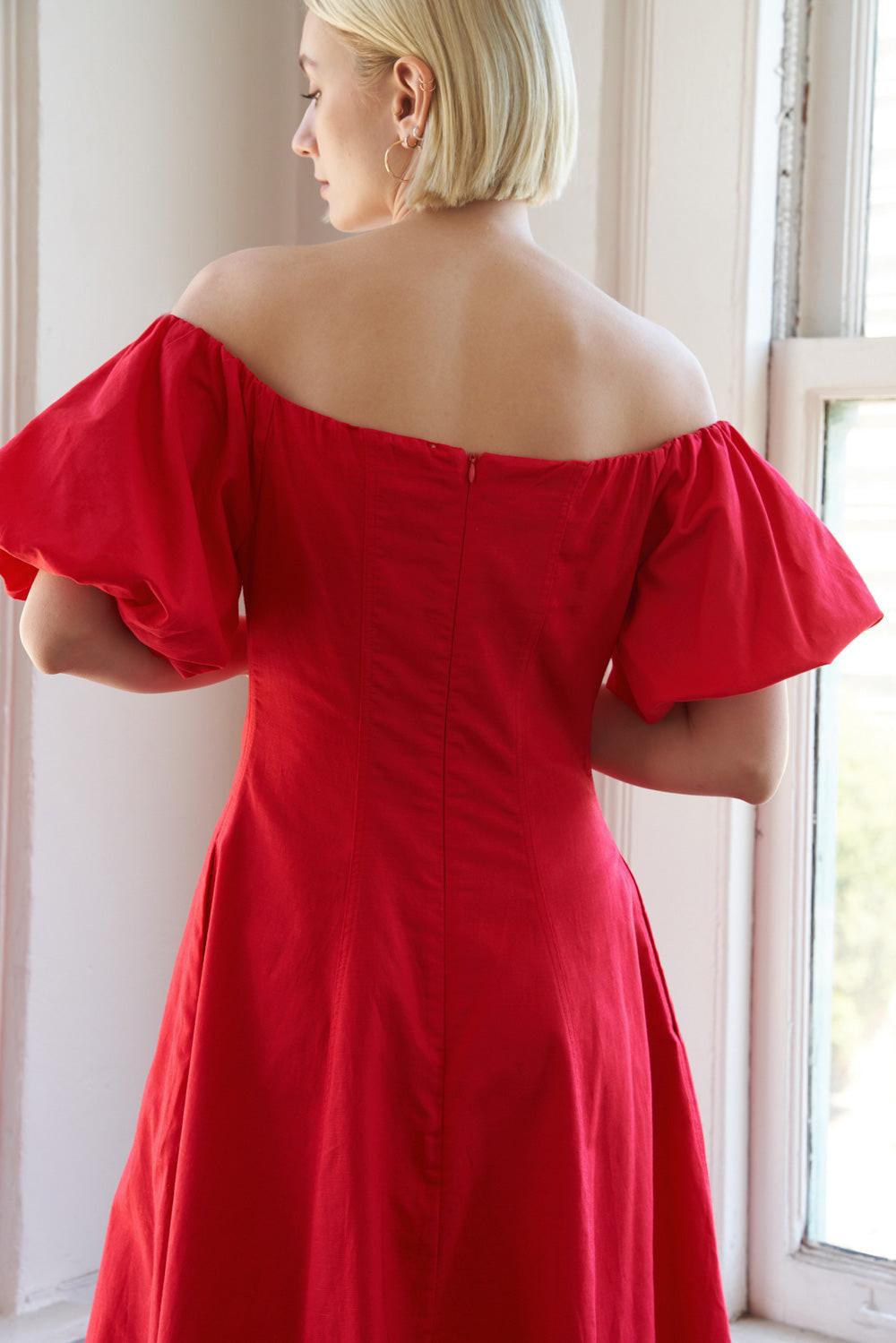PROTECTING MY PEACE RED WOVEN MIDI DRESS.
