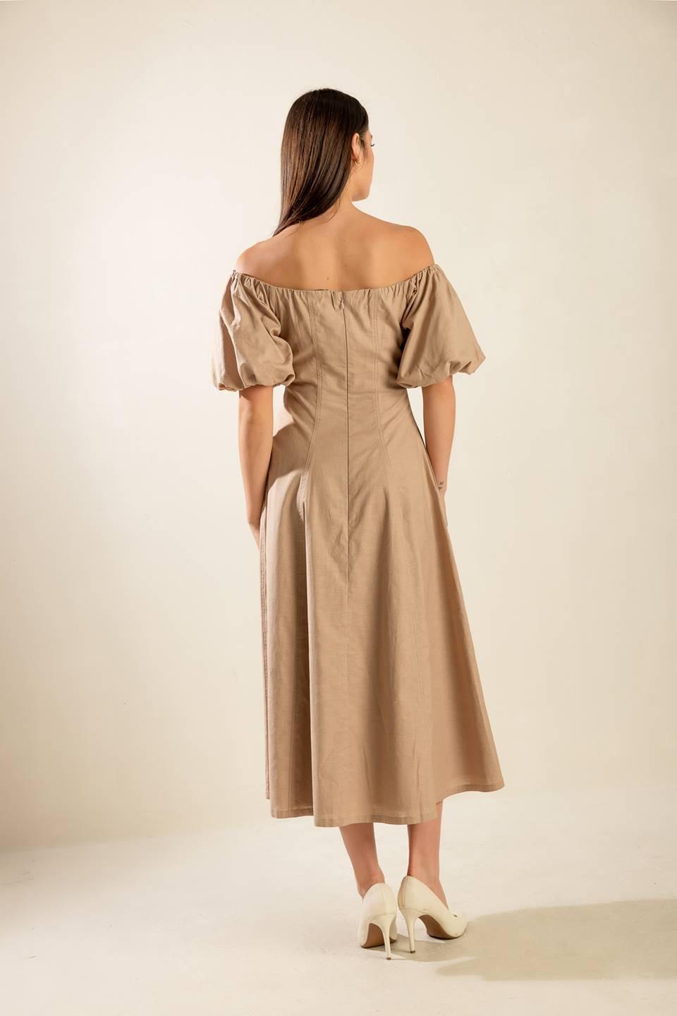 PROTECTING MY PEACE TAUPE WOVEN MIDI DRESS.