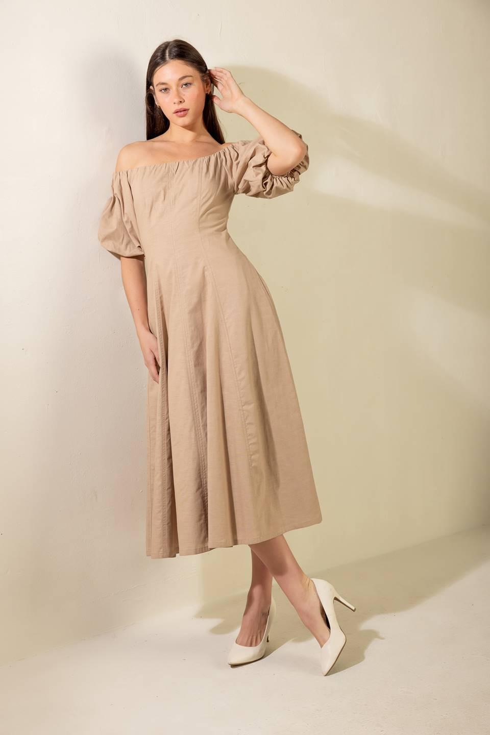 PROTECTING MY PEACE TAUPE WOVEN MIDI DRESS.