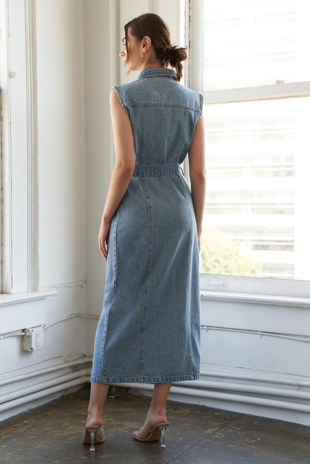 JUST FOLLOW ME DENIM MIDI DRESS.