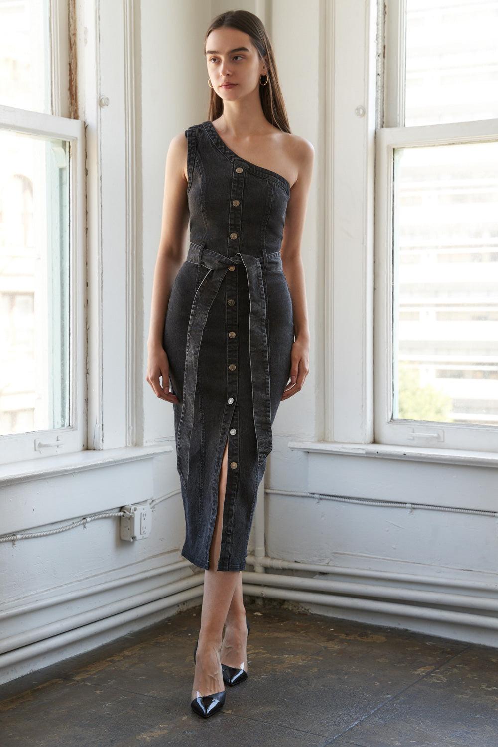 SOMEWHERE UP ABOVE DENIM MIDI DRESS.