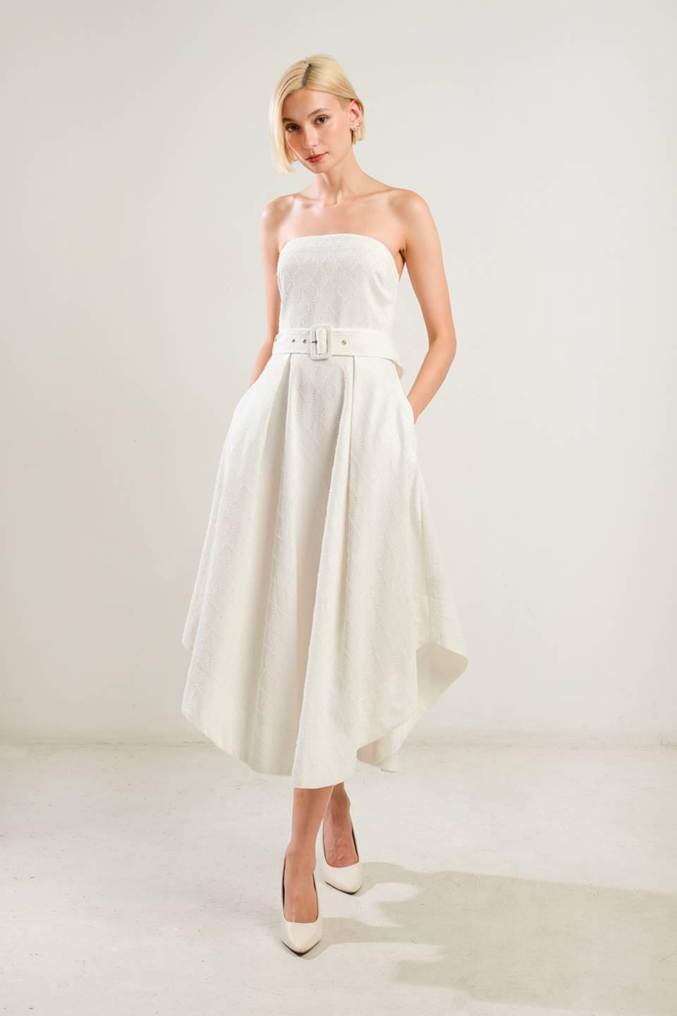 LIFE'S COMPASS WOVEN MIDI DRESS.