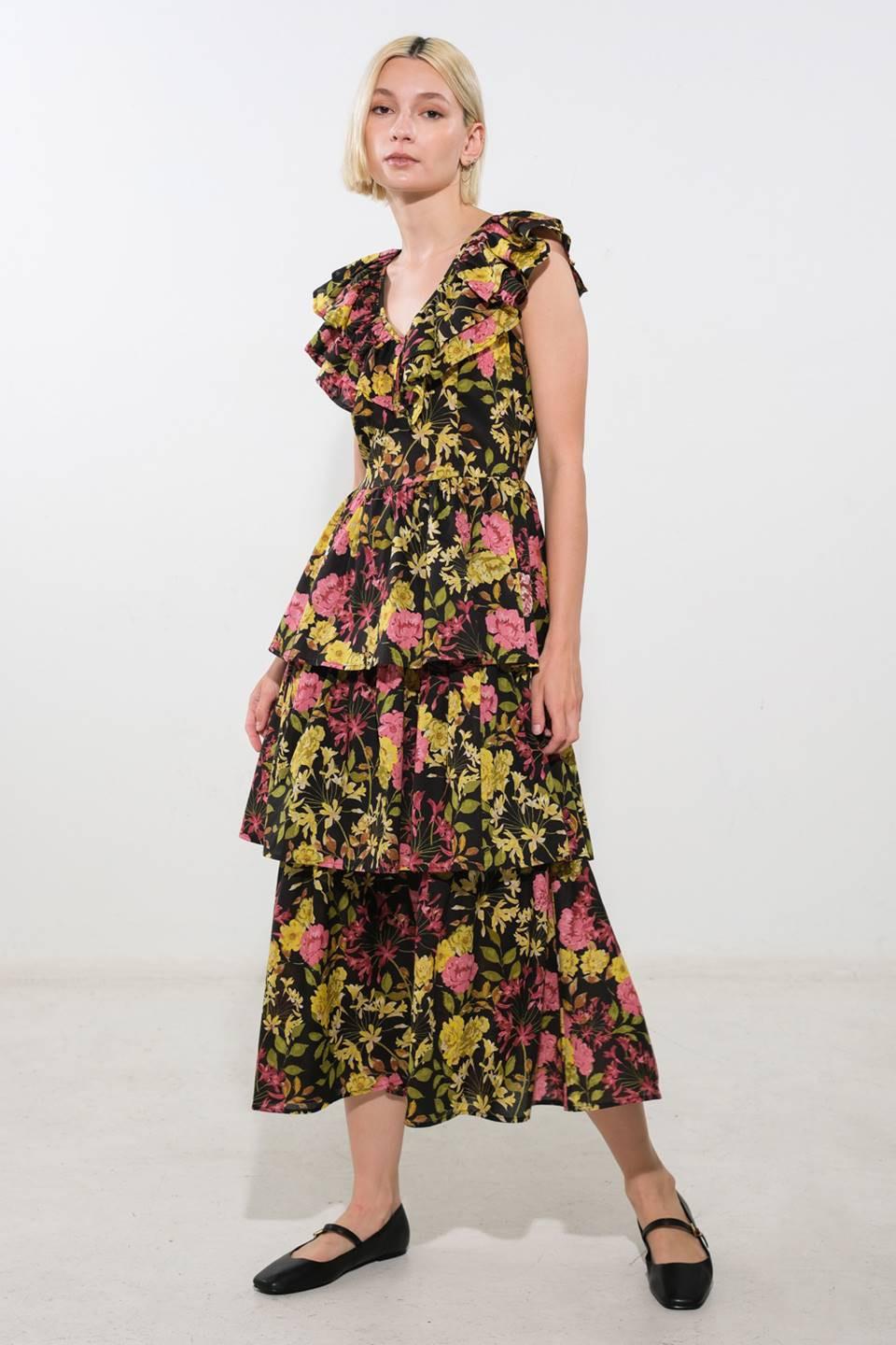 GRACEFUL GATHERING WOVEN MIDI DRESS.