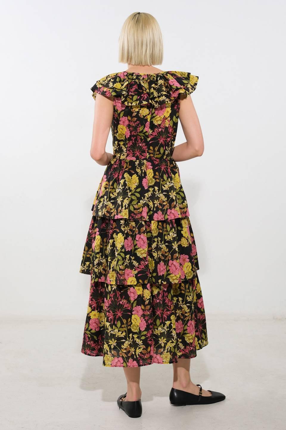 GRACEFUL GATHERING WOVEN MIDI DRESS.