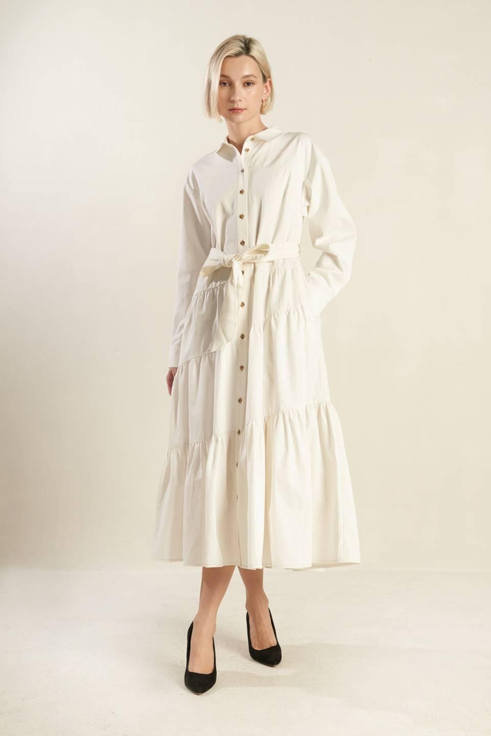ANYTIME NOW WOVEN TWILL MIDI DRESS.