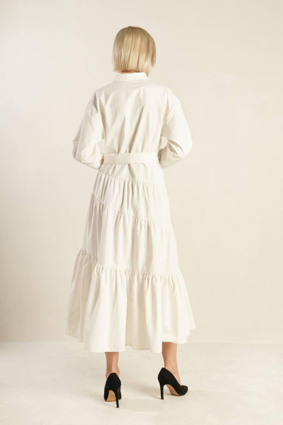 ANYTIME NOW WOVEN TWILL MIDI DRESS.