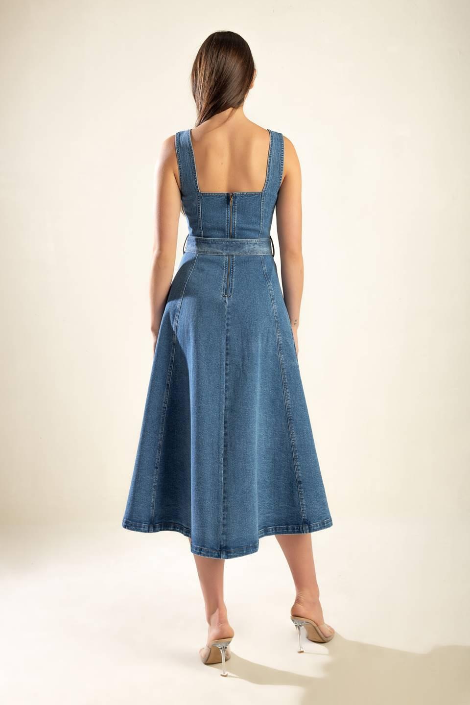PRETTIEST BEHAVIOR DENIM MIDI DRESS.