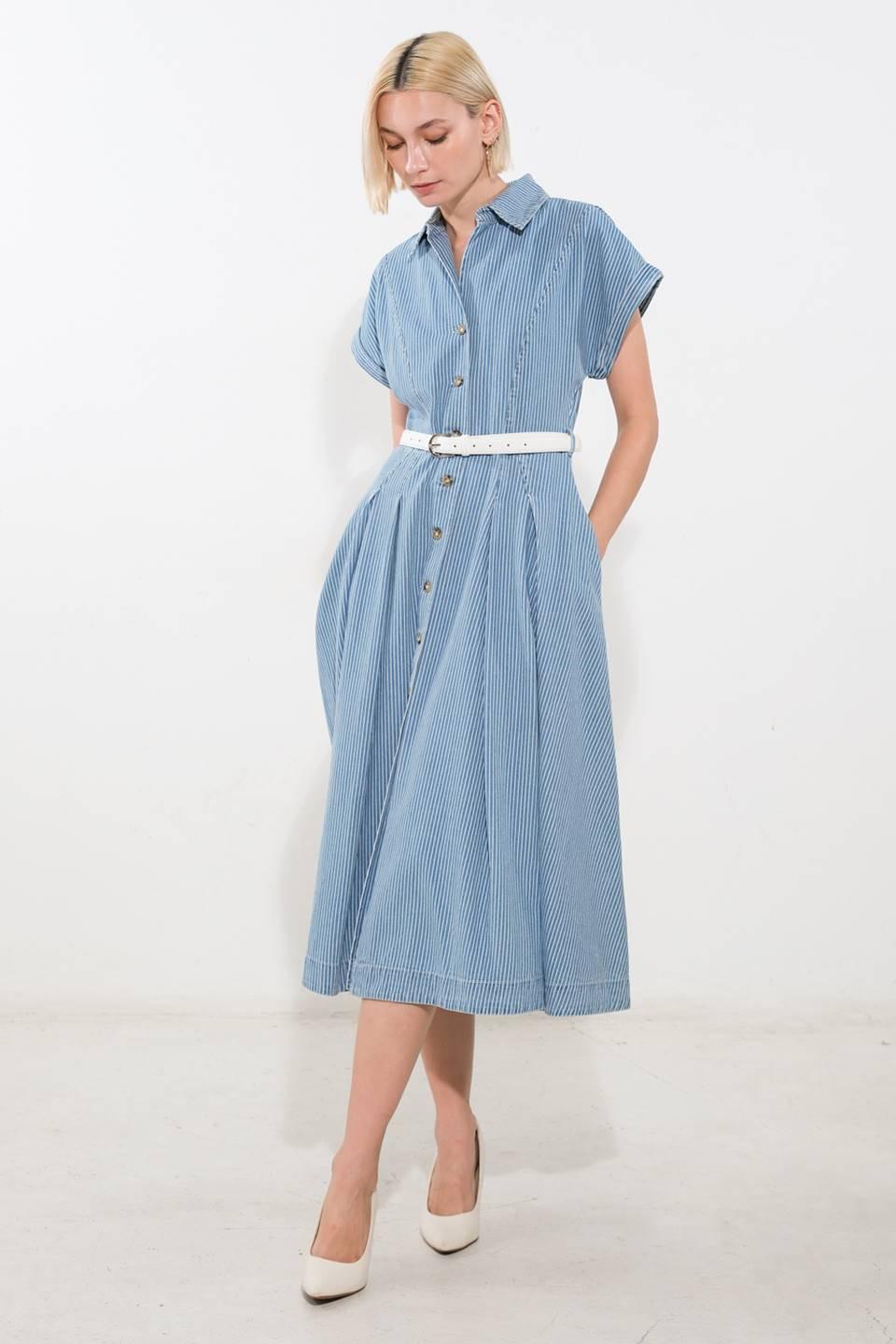 SOAK IN THE SUN DENIM MIDI DRESS.