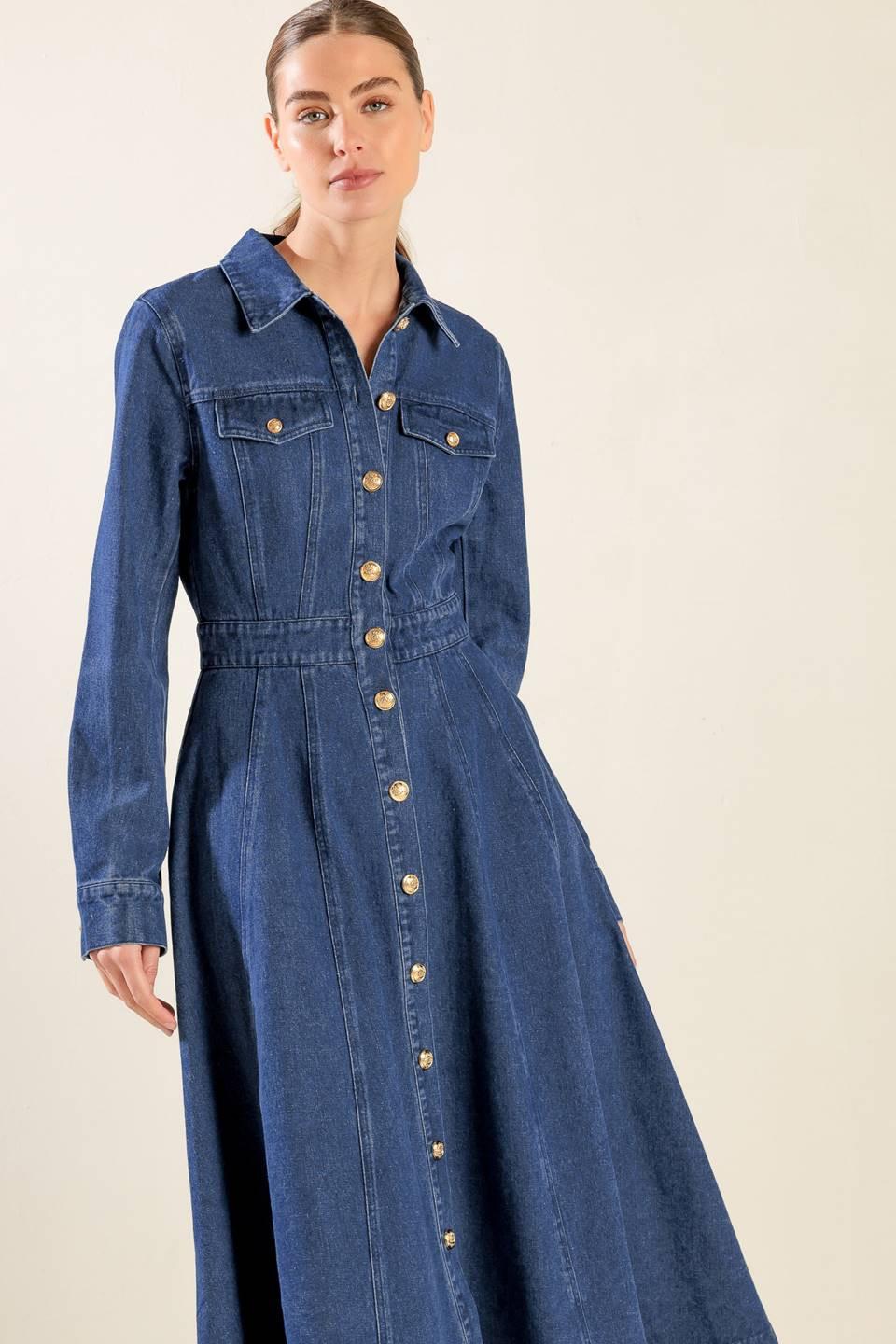 DRIFTING THOUGHTS DENIM MIDI DRESS.