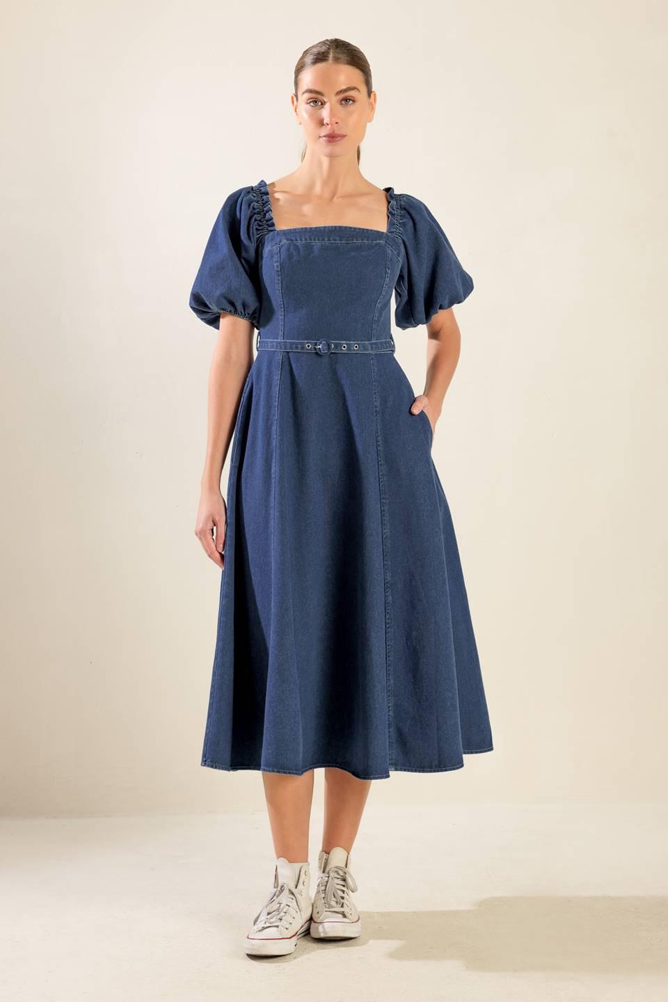 ALL SPRUCED UP DENIM MIDI DRESS.