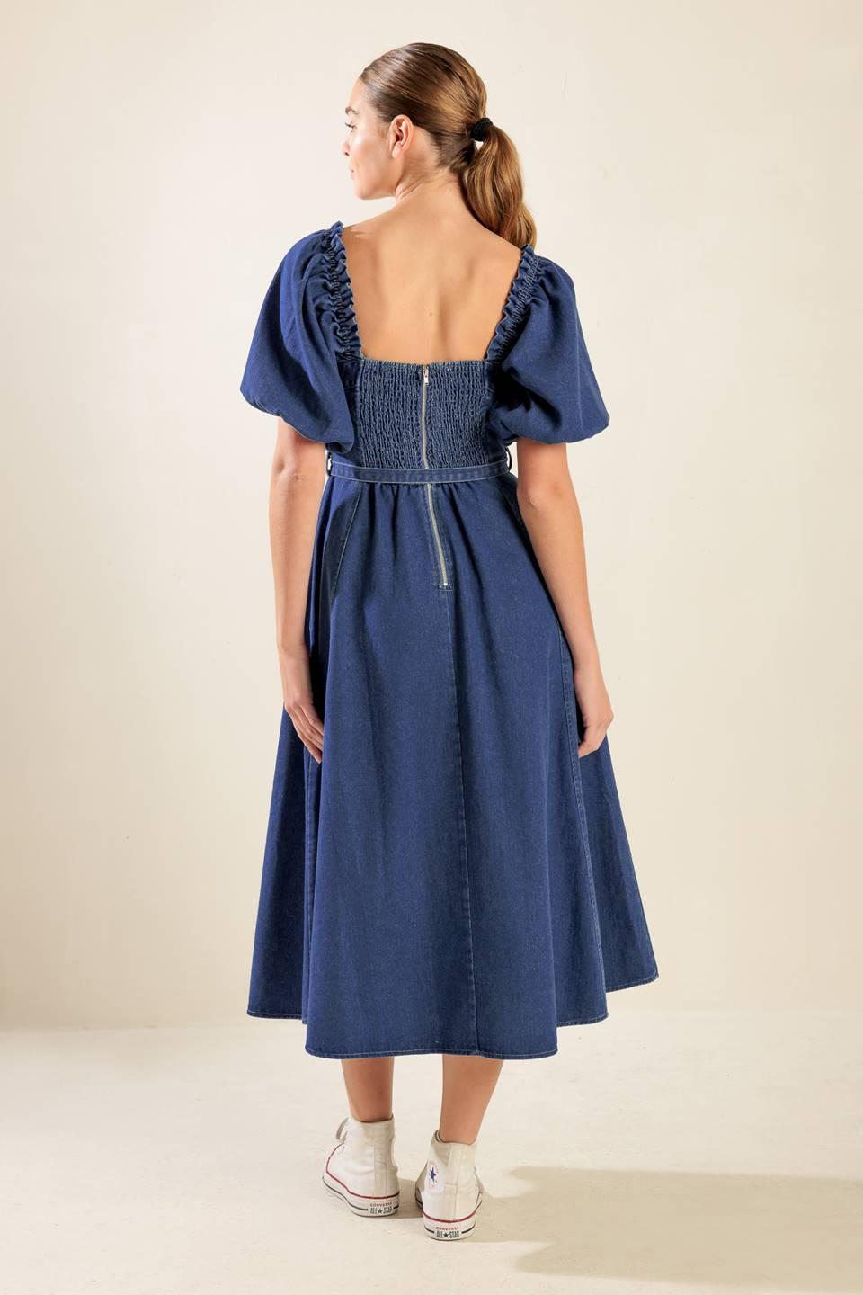 ALL SPRUCED UP DENIM MIDI DRESS.