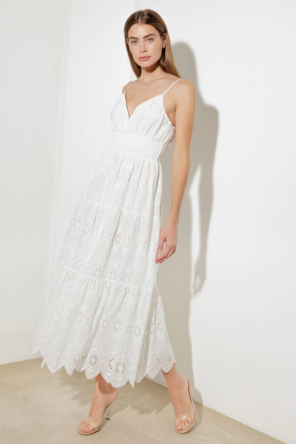 LUMINOUS BLISS WOVEN EYELET MIDI DRESS.