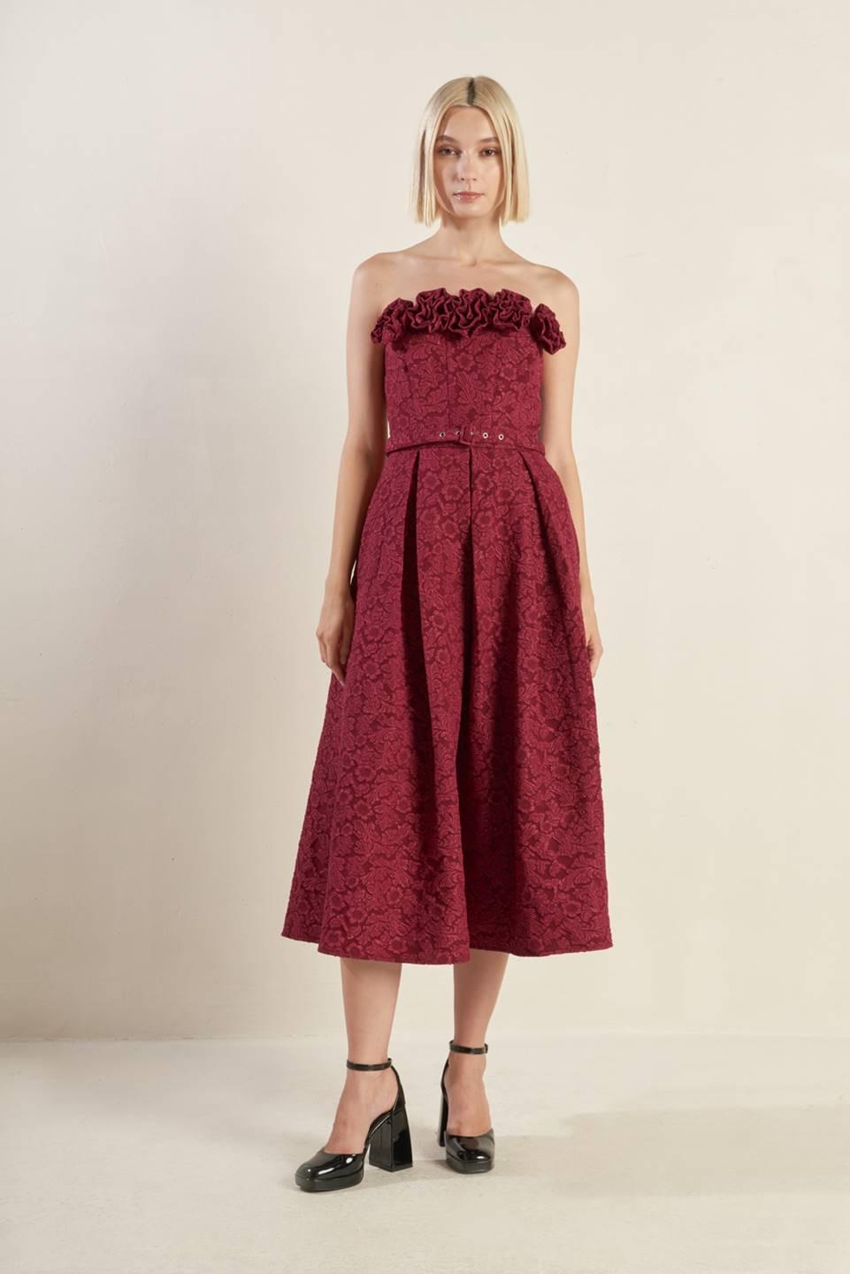 GLORIOUS SHINE WOVEN MIDI DRESS.