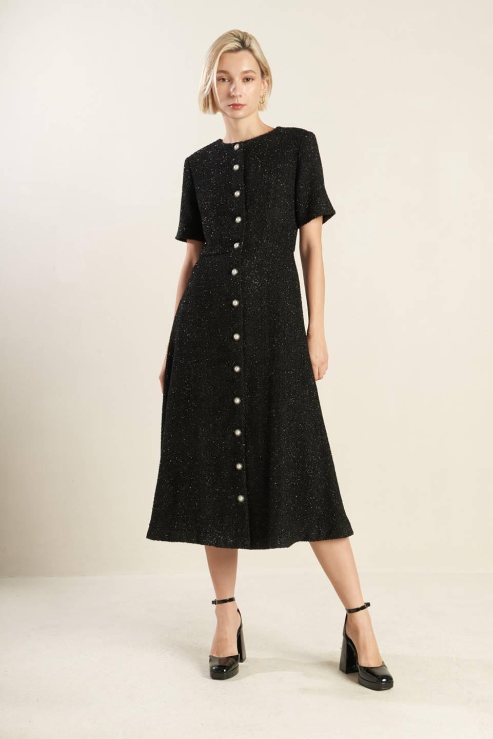 SOMETHING MORE TWEED WOVEN MIDI DRESS.