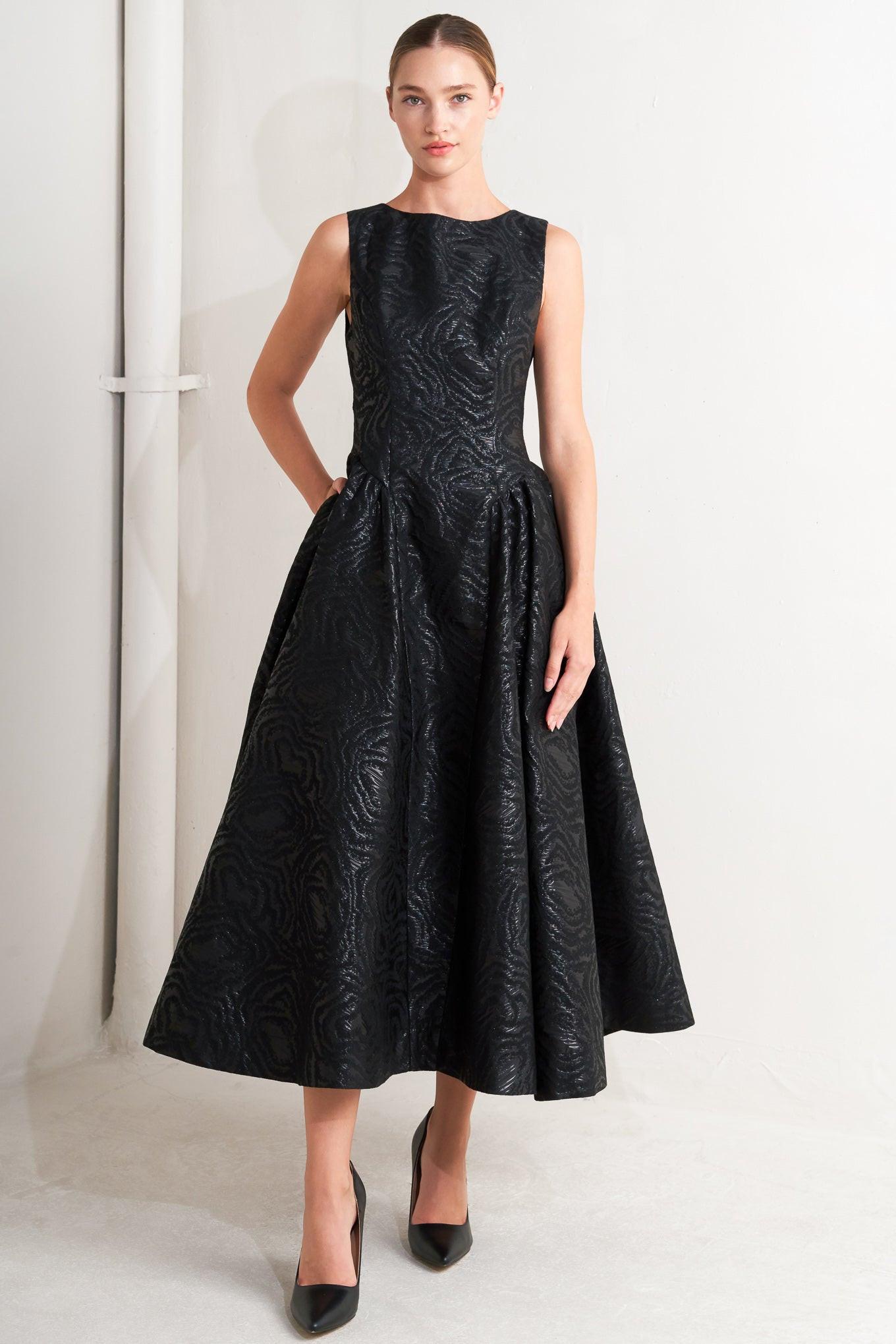 CHECK YOURSELF BLACK WOVEN MIDI DRESS.