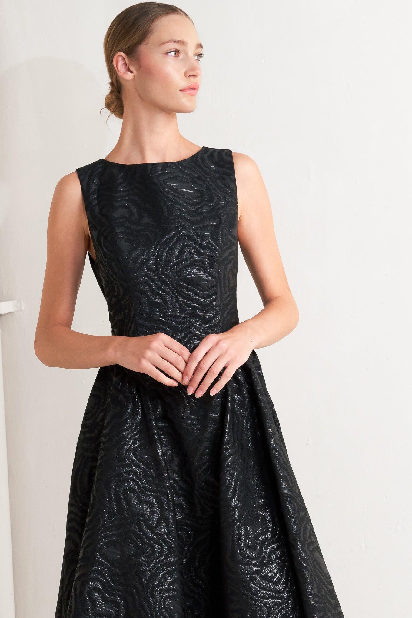 CHECK YOURSELF BLACK WOVEN MIDI DRESS.