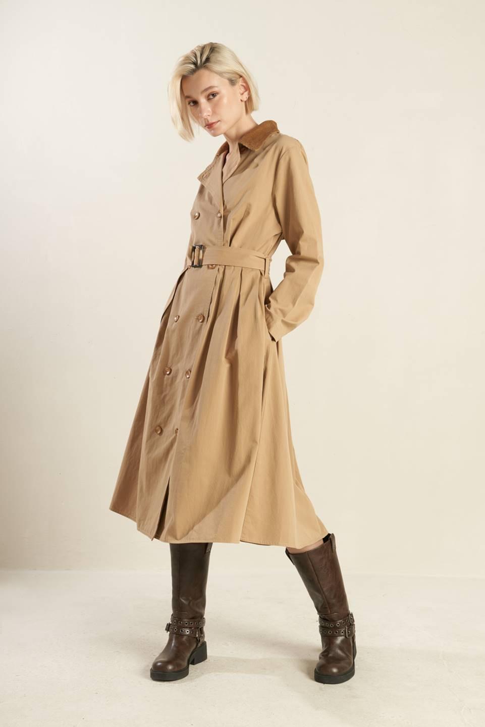 FALLING LEAVES WOVEN MIDI TRENCH COAT.