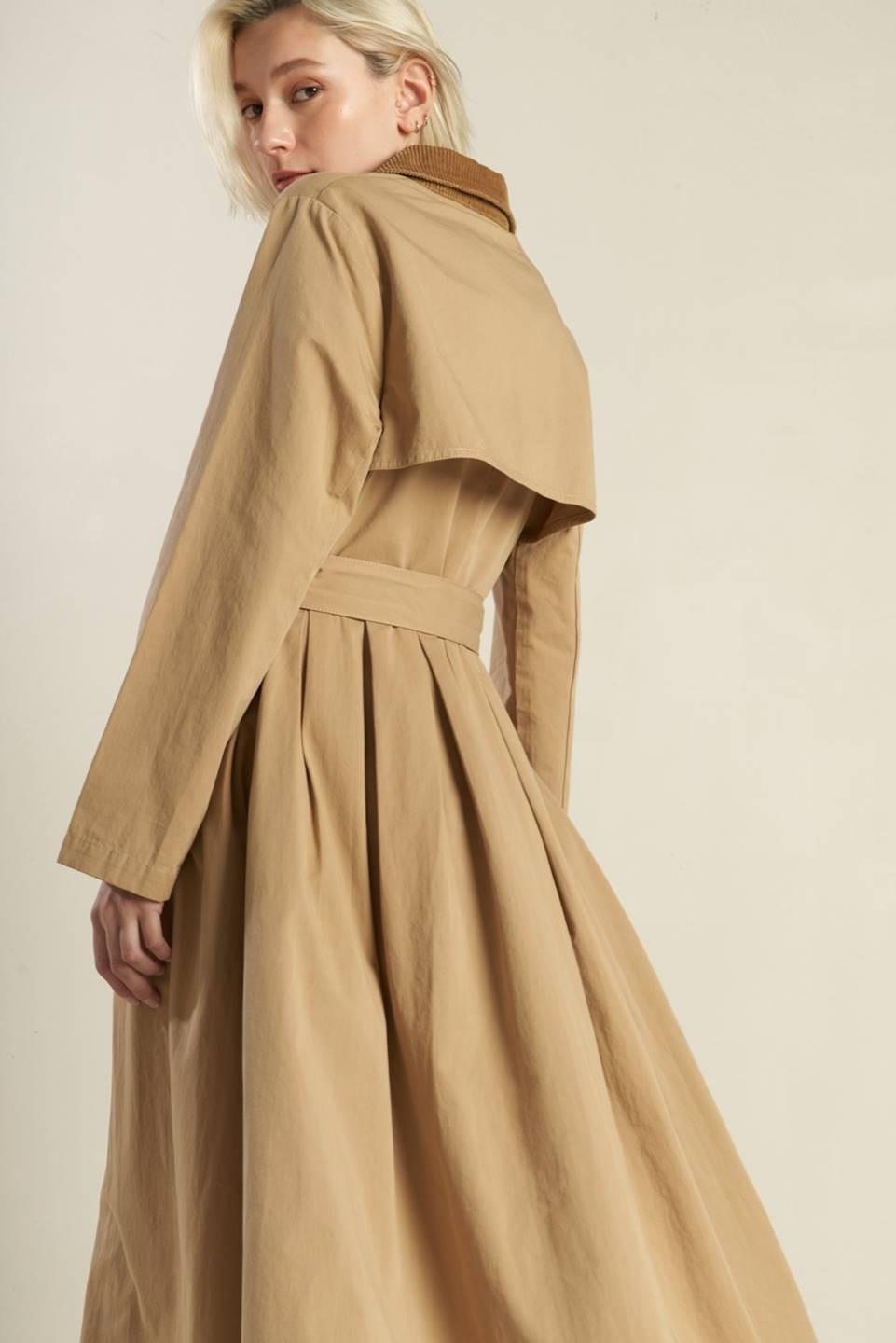 FALLING LEAVES WOVEN MIDI TRENCH COAT.