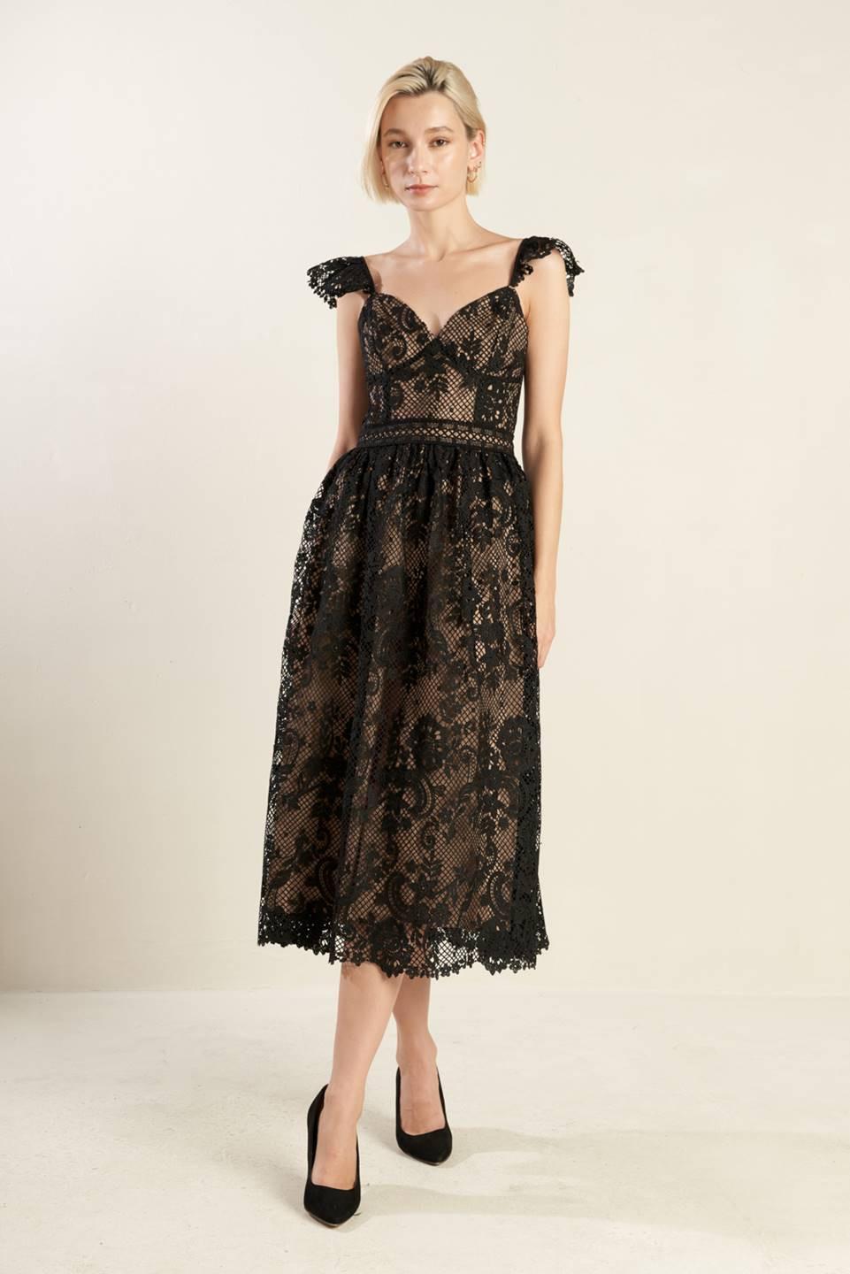 KNOW YOU BETTER LACE WOVEN MIDI DRESS.
