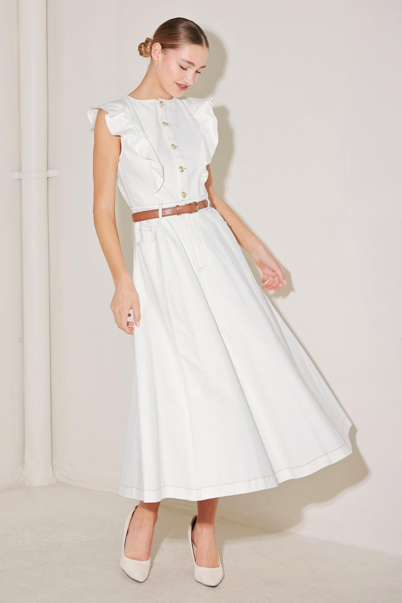 SOFT POWER STORY WOVEN MIDI DRESS.