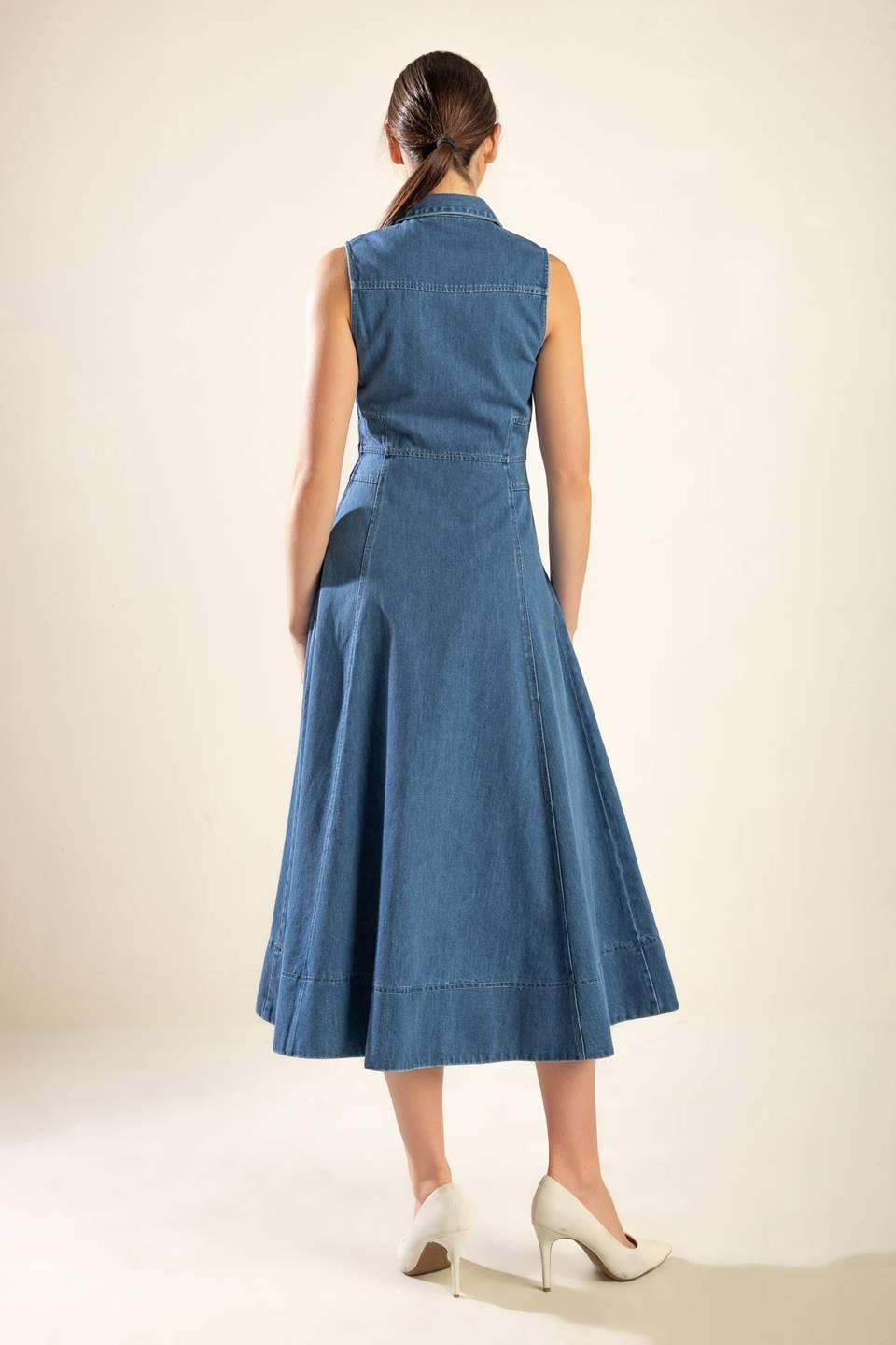 THE GENEVIEVE DENIM MIDI DRESS.