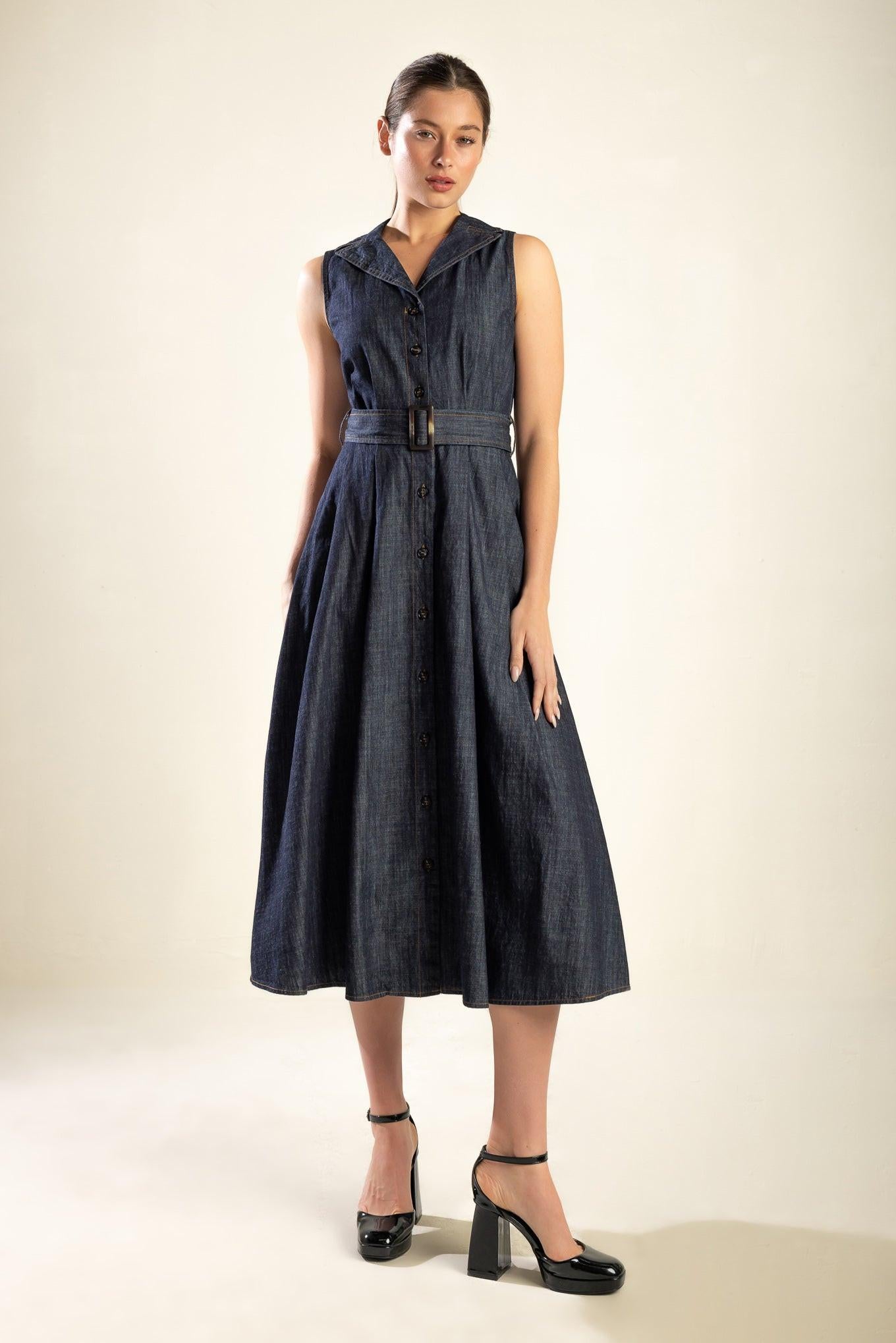 OASIS OF CALM RIGID DENIM MIDI DRESS.