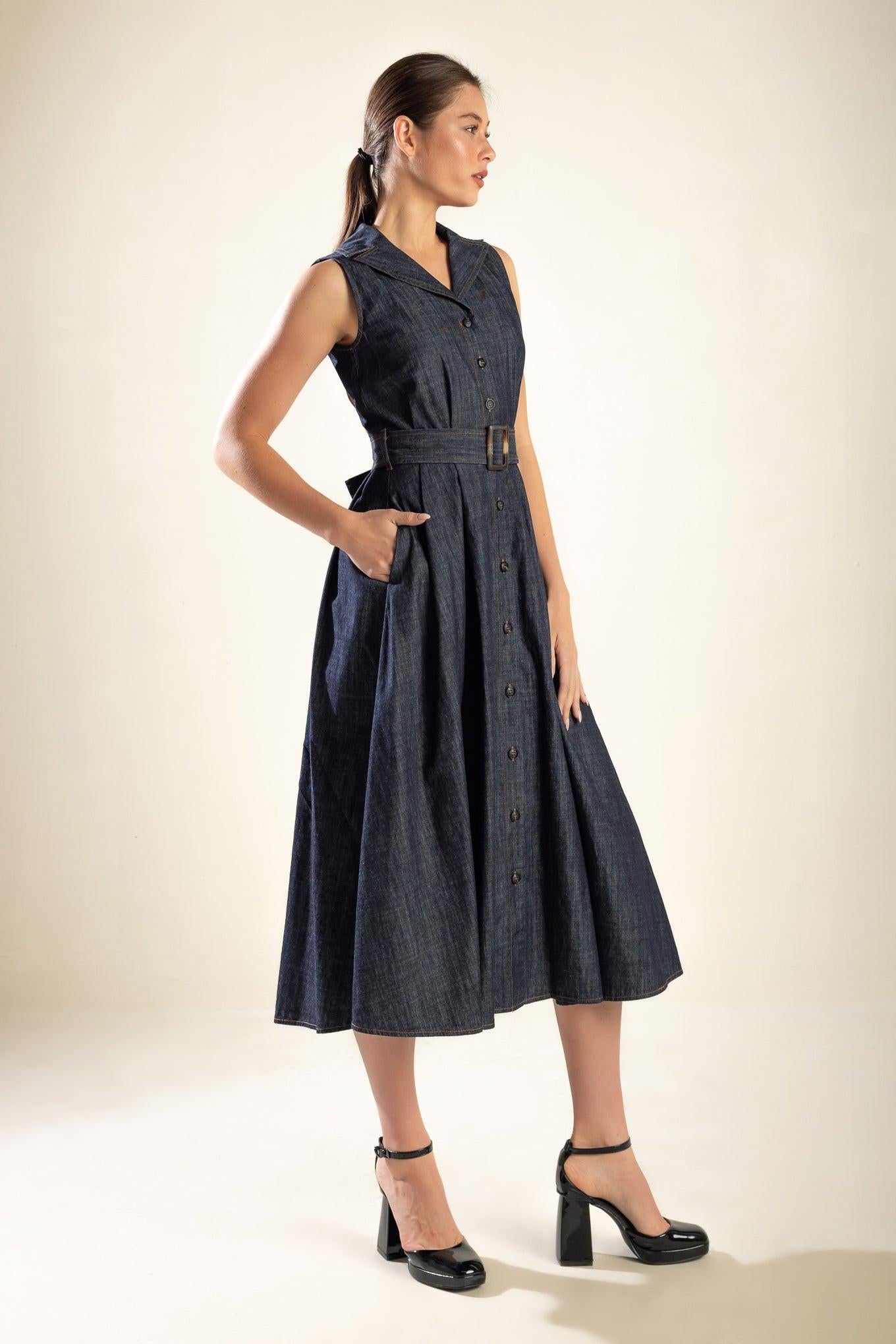OASIS OF CALM RIGID DENIM MIDI DRESS.