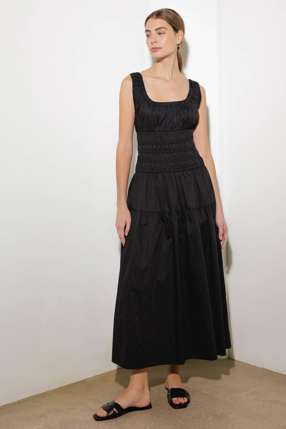 LOVELIEST LOOKS BLACK WOVEN MIDI DRESS.