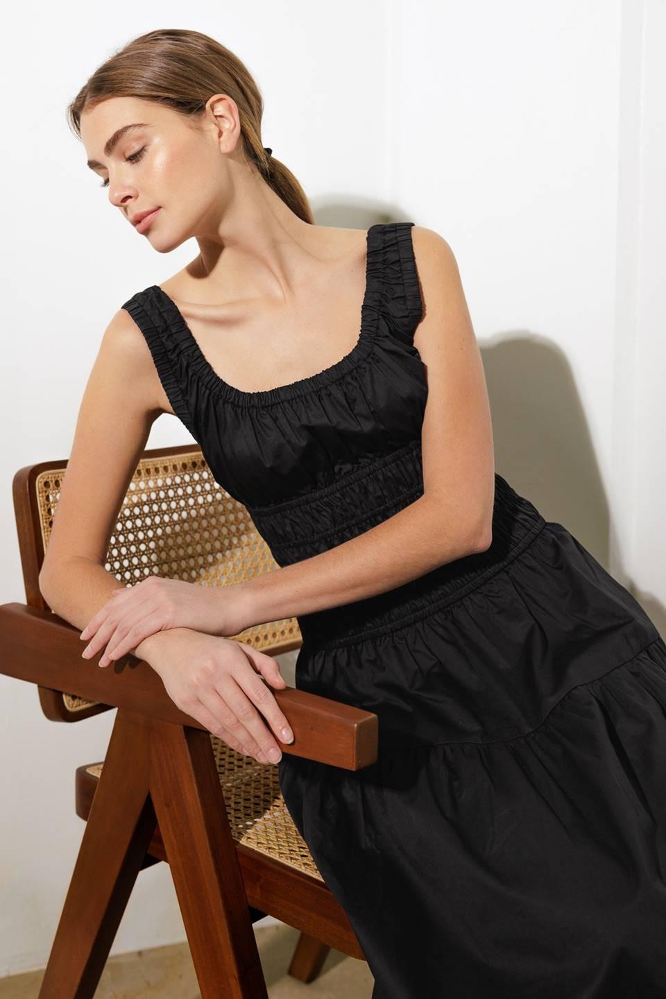 LOVELIEST LOOKS BLACK WOVEN MIDI DRESS.