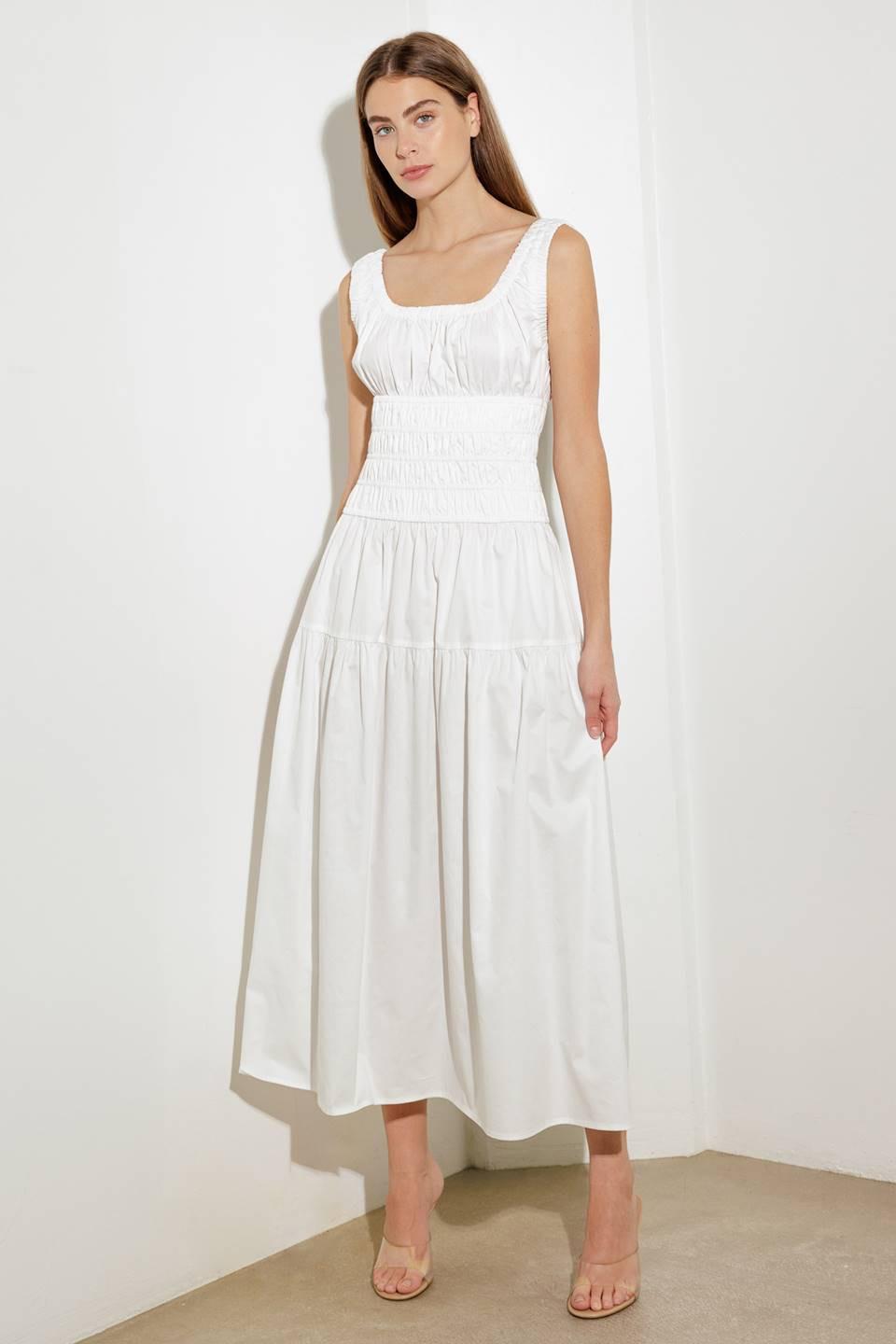 LOVELIEST LOOKS WHITE WOVEN MIDI DRESS.