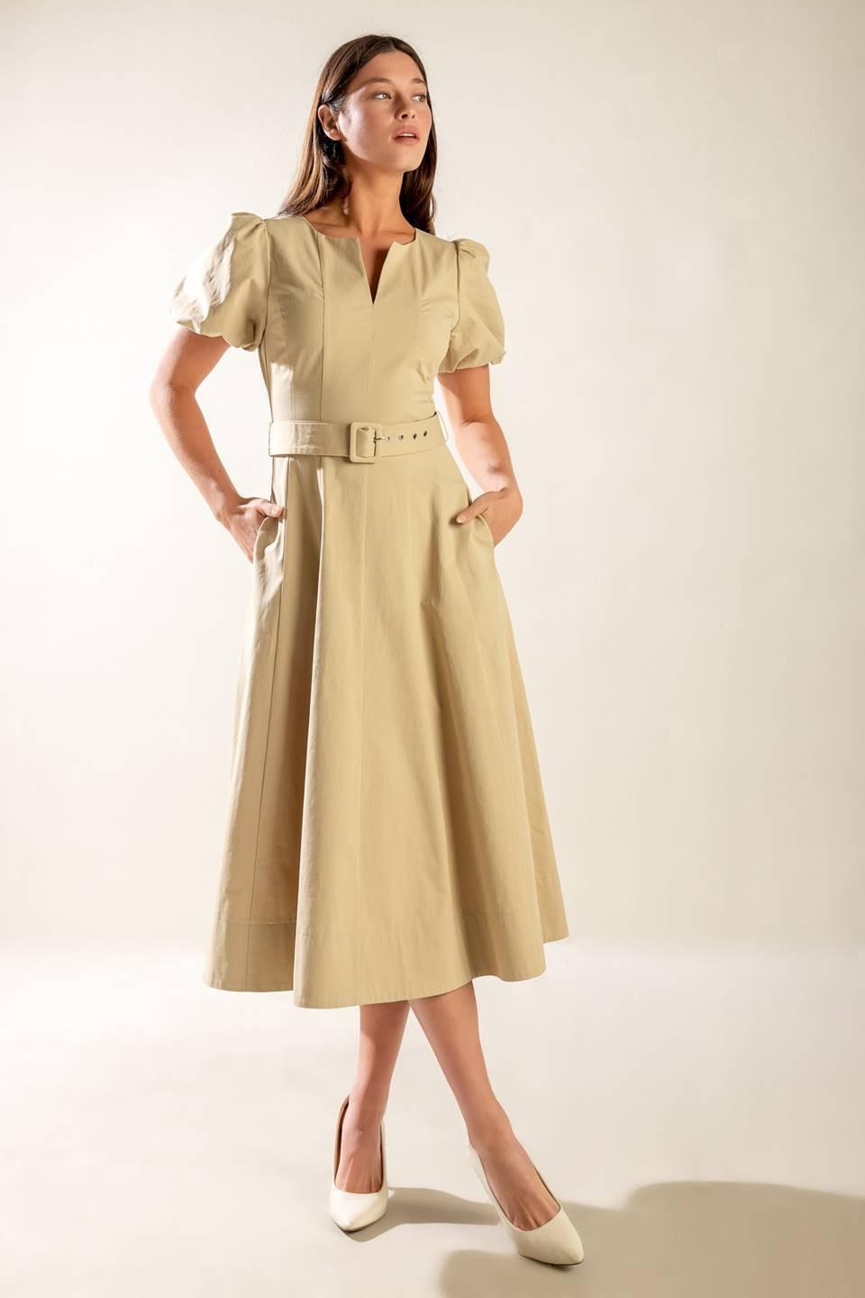SUNLIT SOIREE WOVEN MIDI DRESS.