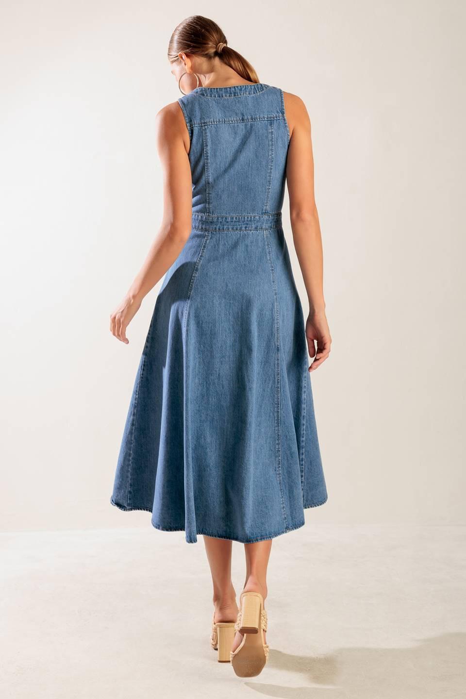 THE JOURNEY BEGINS BLUE DENIM MIDI DRESS.