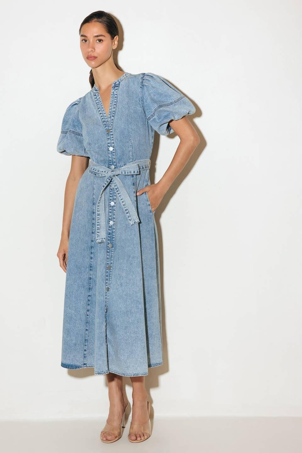 BAREFORM LIGHT DENIM MIDI DRESS.