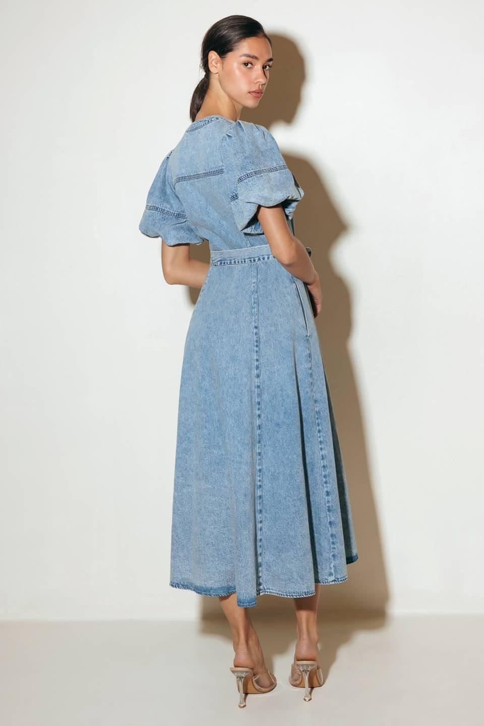 BAREFORM LIGHT DENIM MIDI DRESS.