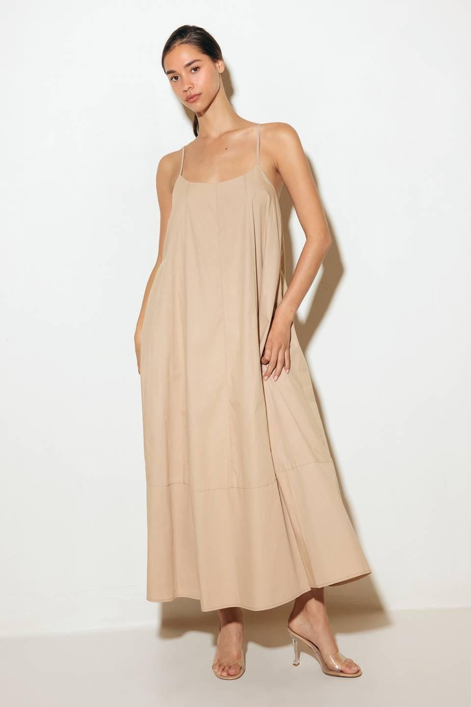 DAISY LANE WOVEN MIDI TENT DRESS, TAUPE / S