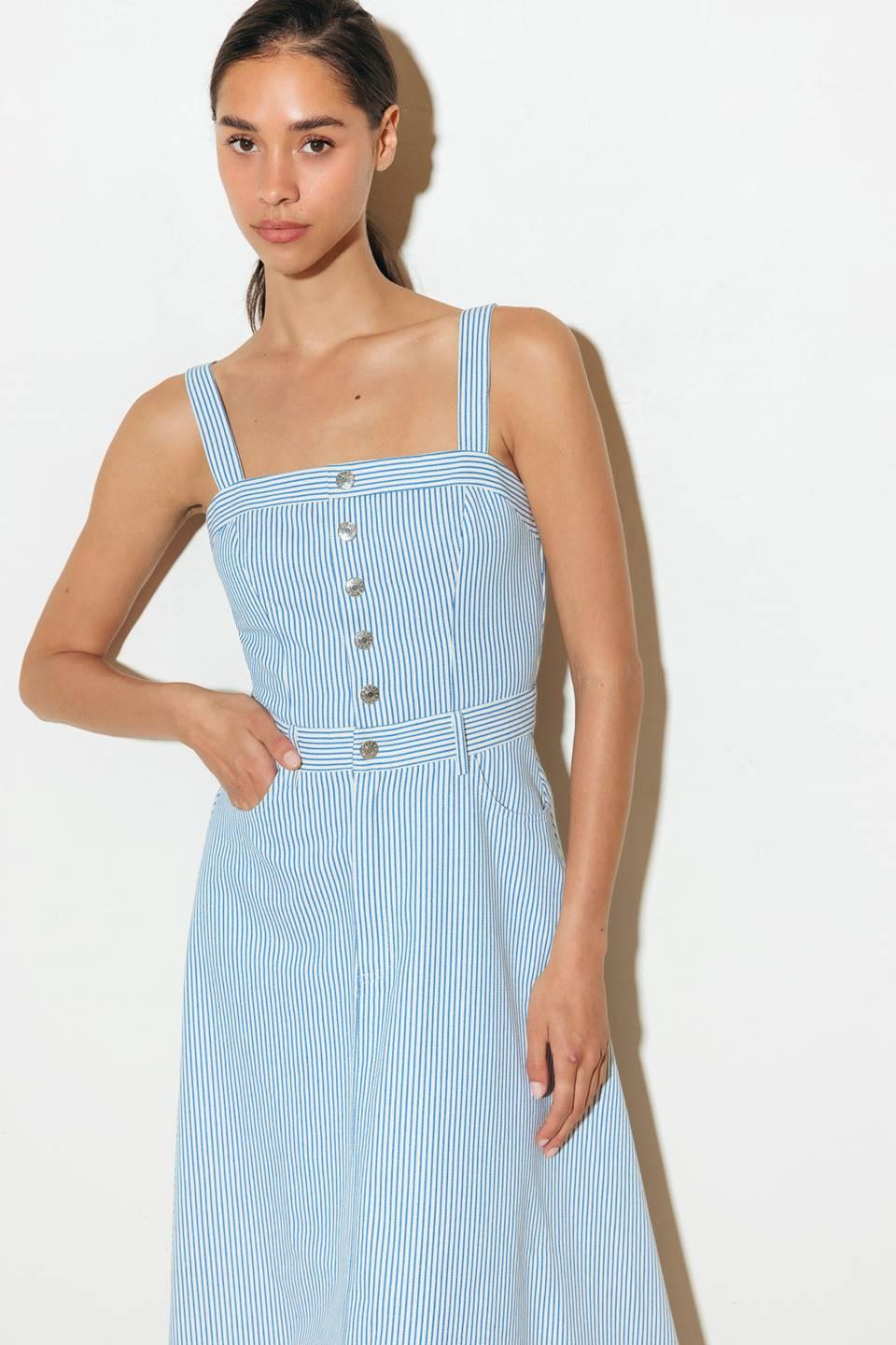 A striped woven midi dress featuring straight neckline, straps, front button down and zipper closure and A line skirt.